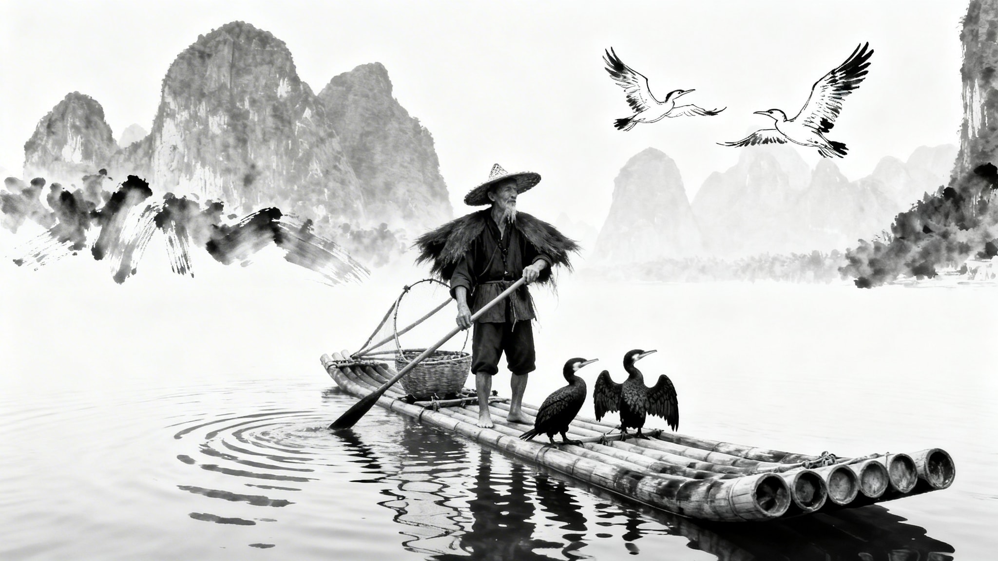 Elderly cormorant fisherman on bamboo raft with birds and ink wash mountains