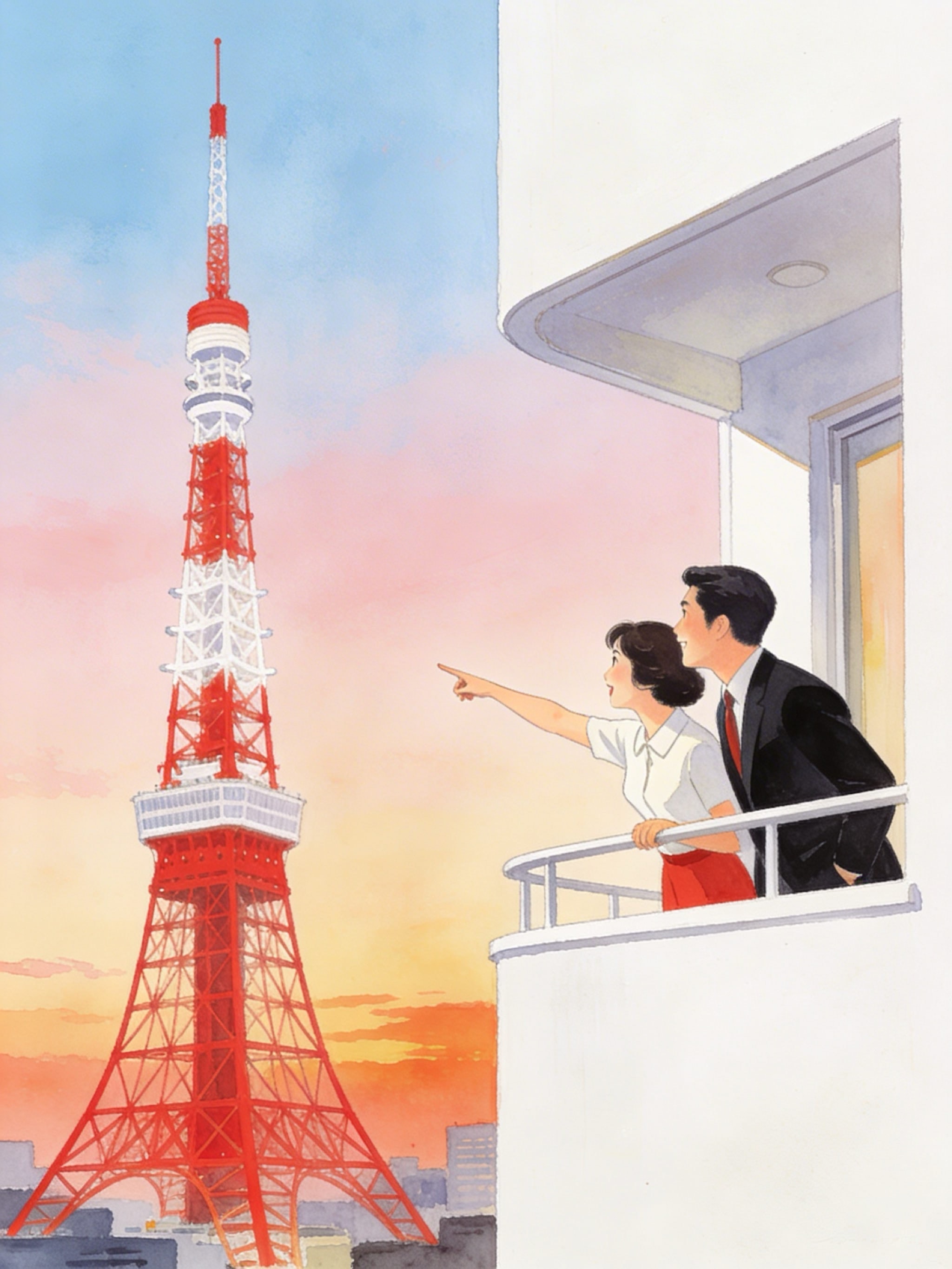 Retro illustration of a couple on a balcony looking at Tokyo Tower during sunset.