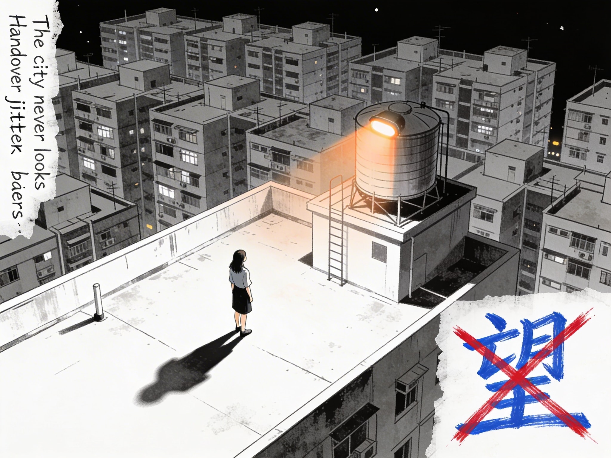 A woman stands on a rooftop at night overlooking a dense city grid, with a hard shadow and crossed-out blue Sharpie character.