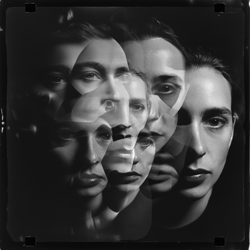 Abstract black and white portrait of a face with overlapping angles and high contrast grain