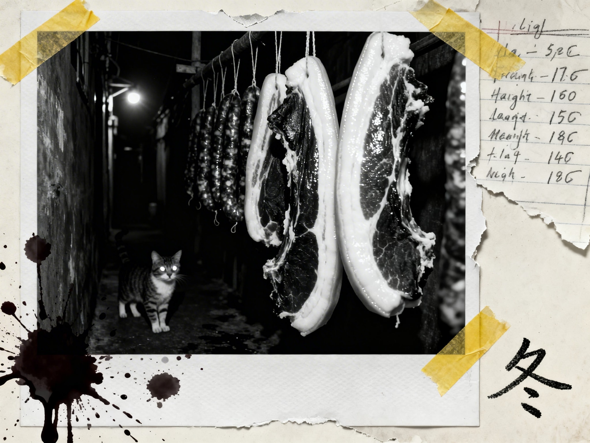 Black and white photograph of hanging cured sausages (la chang) glistening in an alleyway with a cat's eyes glowing.
