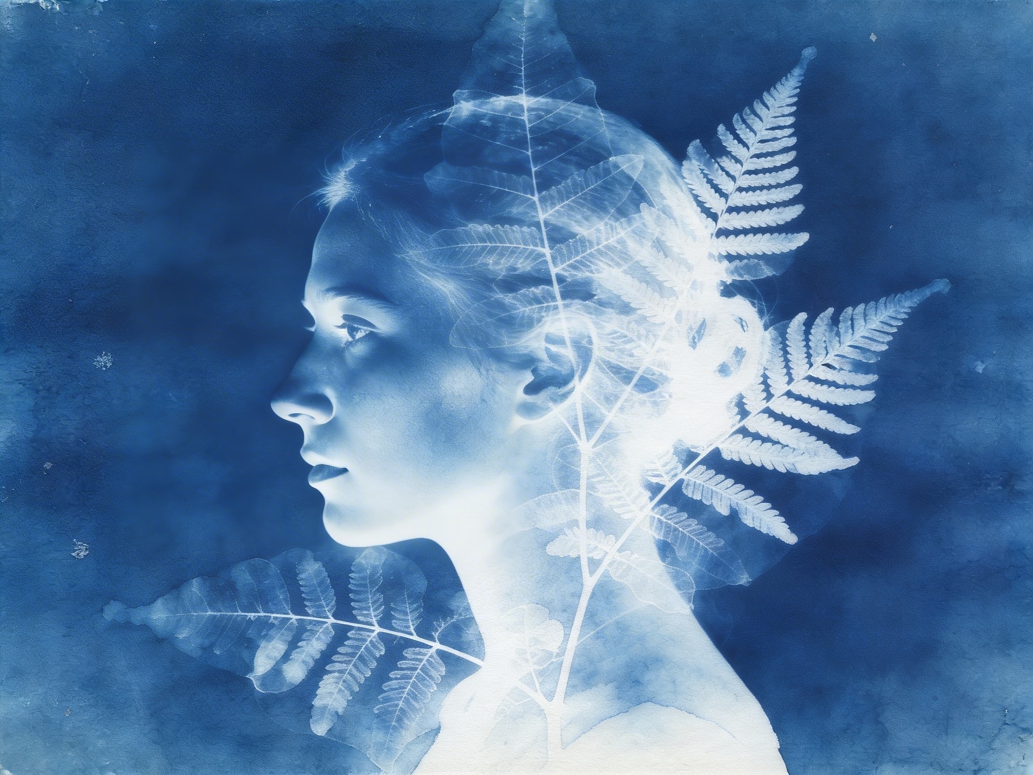 Abstract cyanotype-style portrait with a white female profile silhouette intertwined with translucent botanical fern leaves on a deep blue textured background.