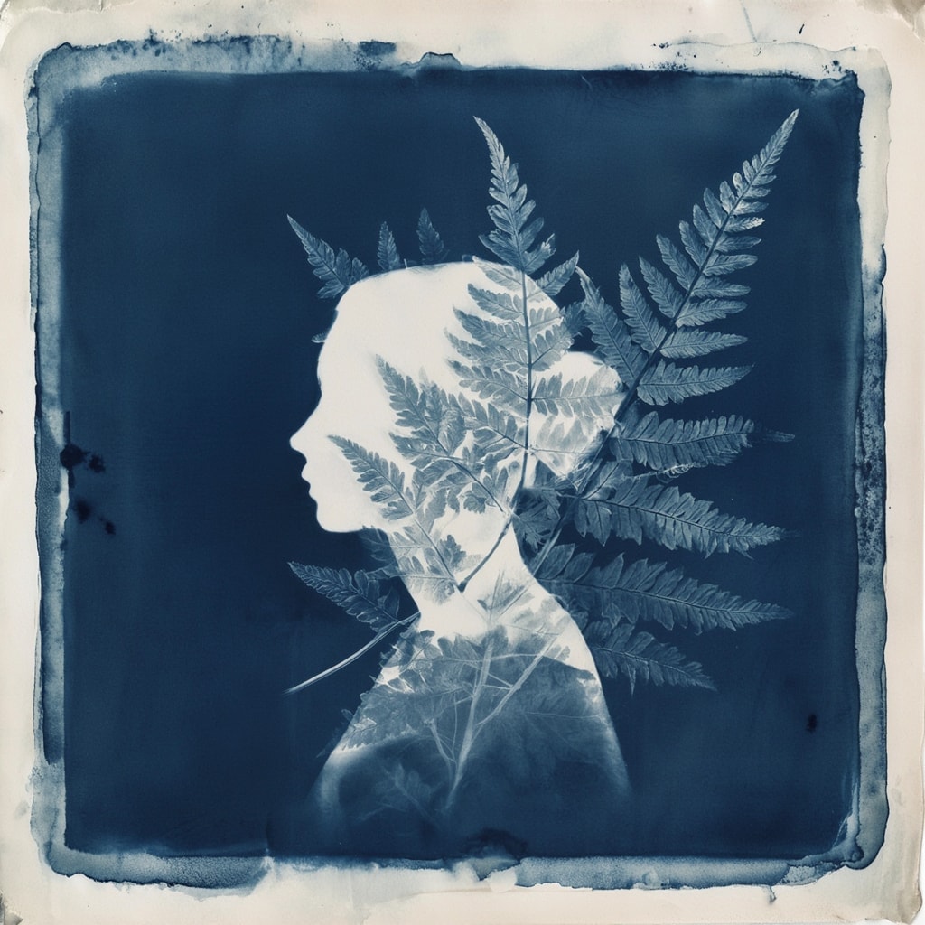 Abstract cyanotype-style portrait with a white female profile and botanical ferns on textured blue paper