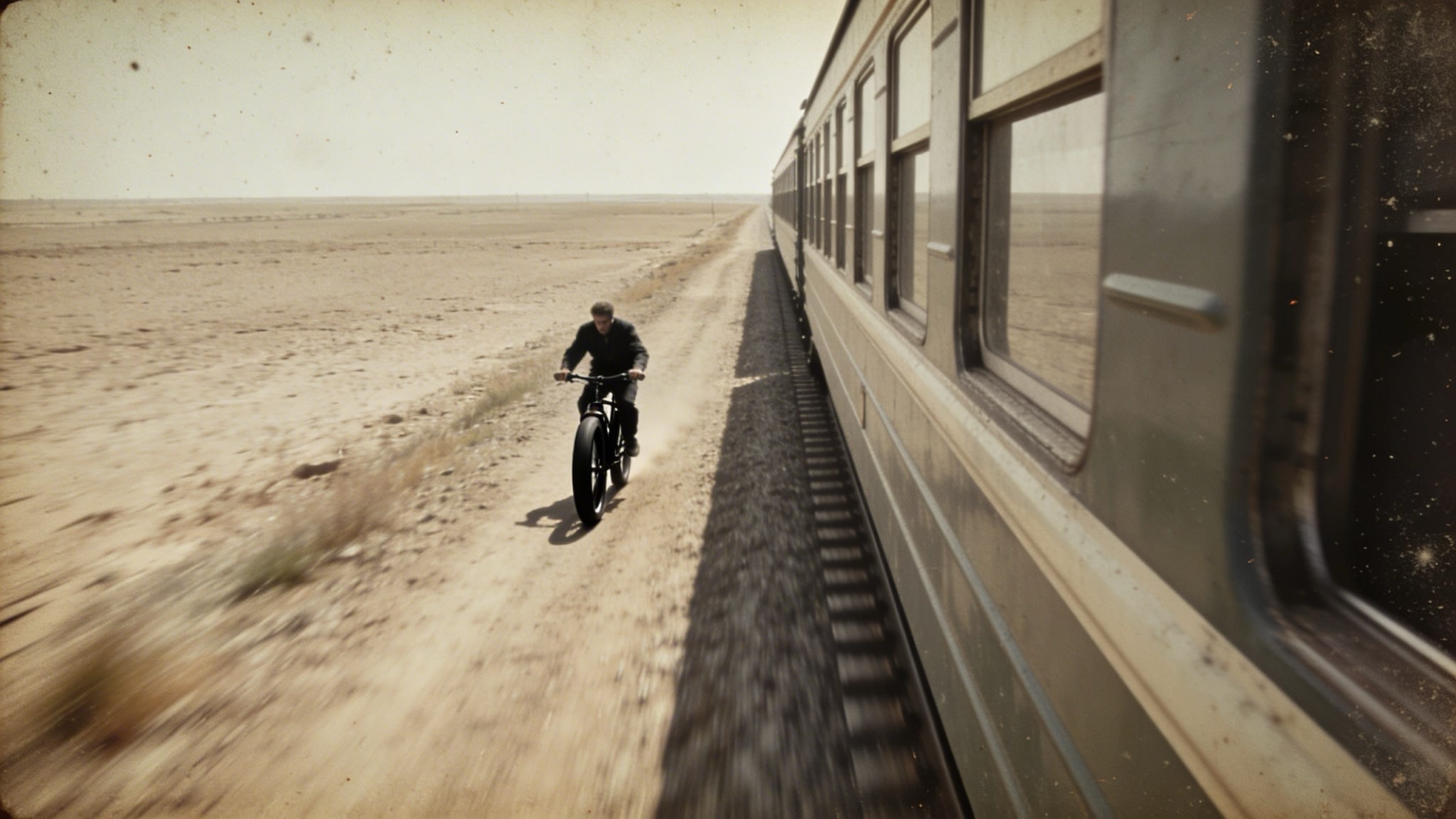 Man riding a bicycle alongside a moving train in a desert landscape