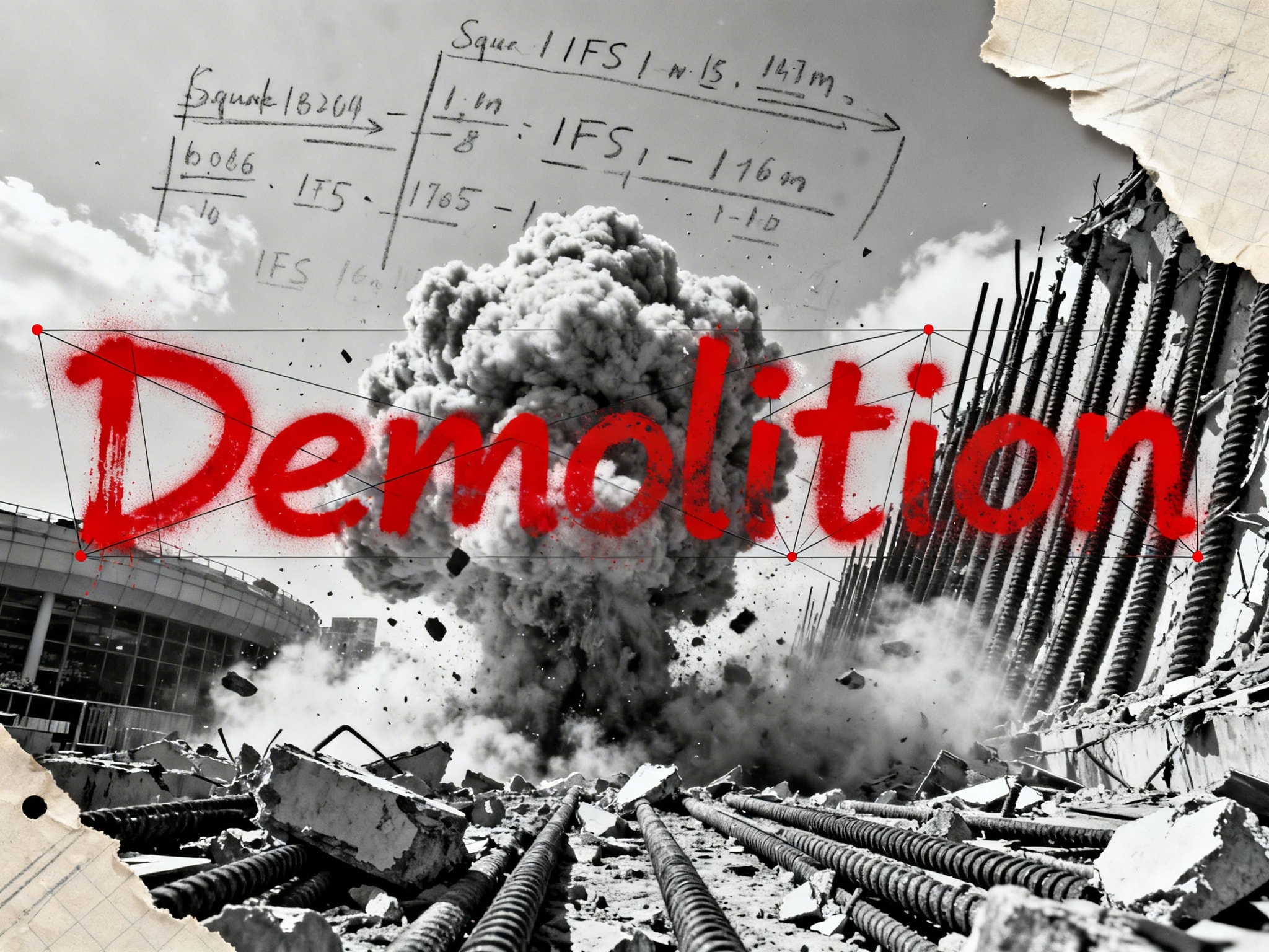 Black and white photo of a demolition site with a red spray-painted Chinese character for demolition overlaid