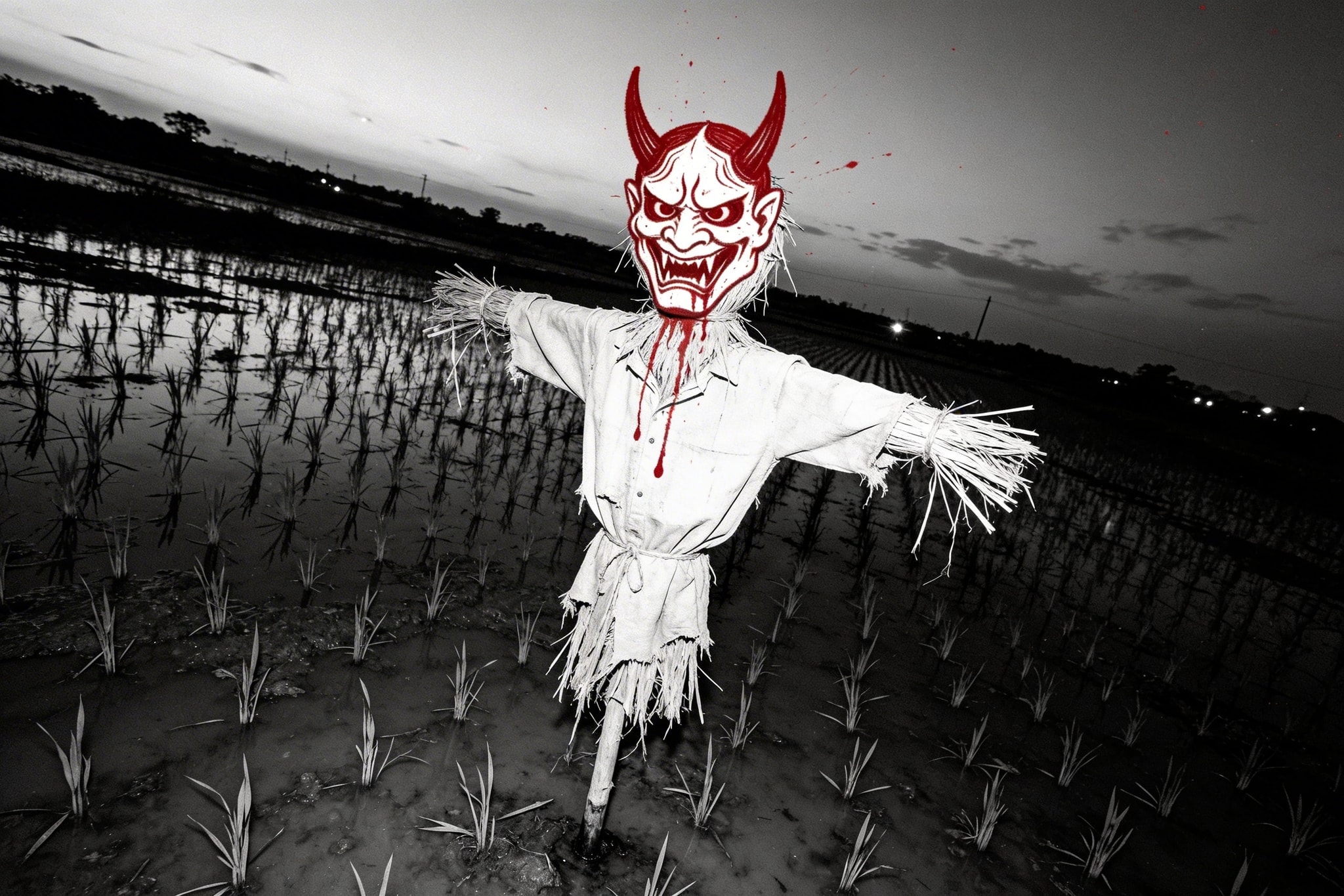 Black and white wide-angle photo of a scarecrow in a flooded field at dusk with a red drawn demonic mask