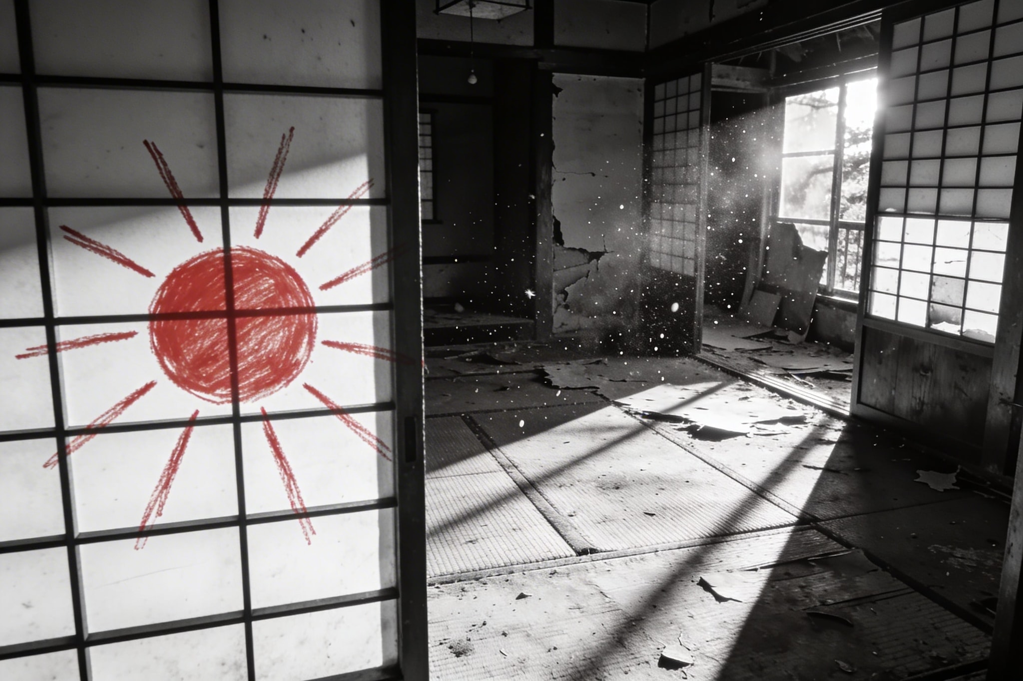 Black and white wide-angle photo of a decaying traditional Japanese farmhouse interior with a red sharpie sun drawn on a sliding shoji screen.