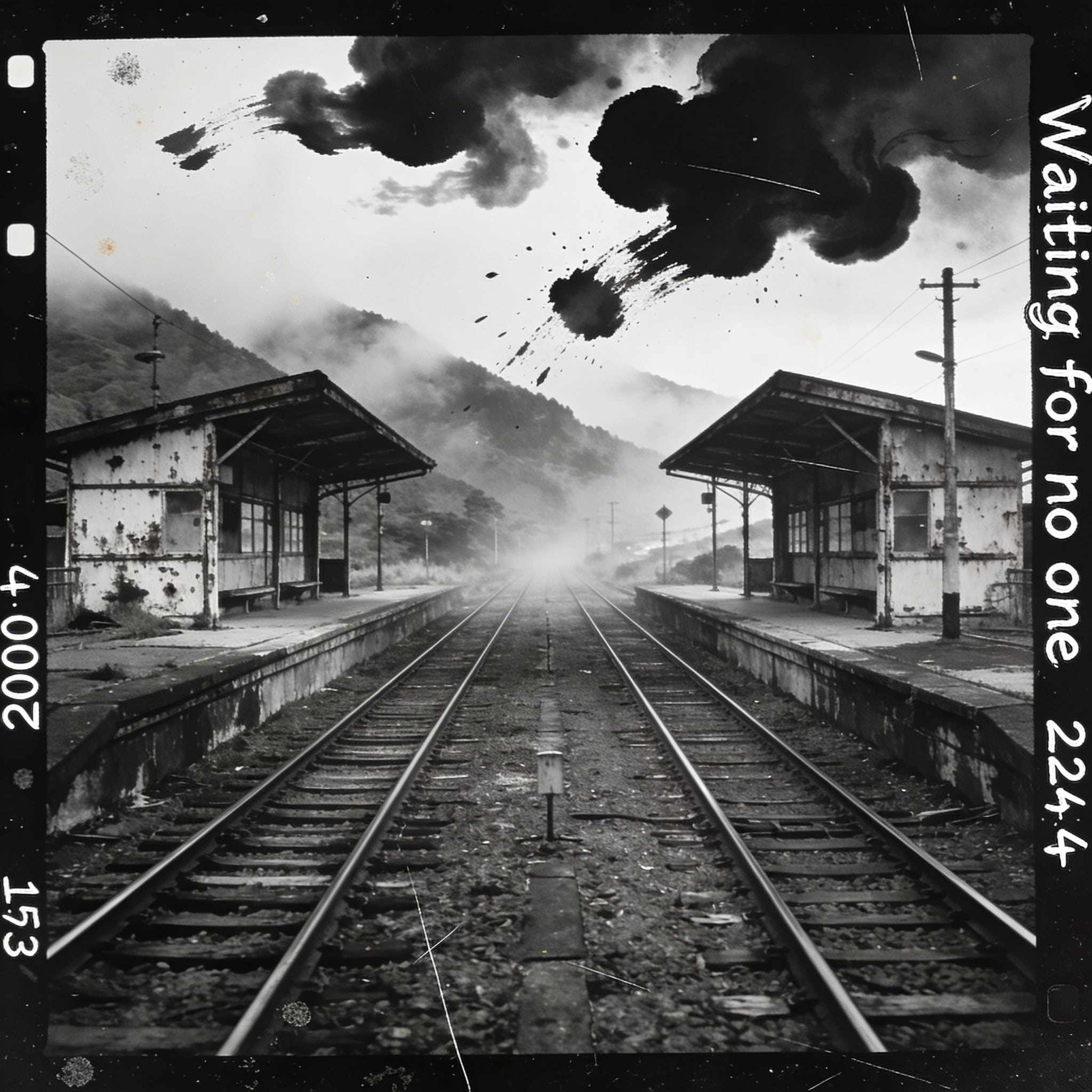 Black and white photo of a rusty Japanese mountain train station in mist with painted ink clouds and text on the film border.