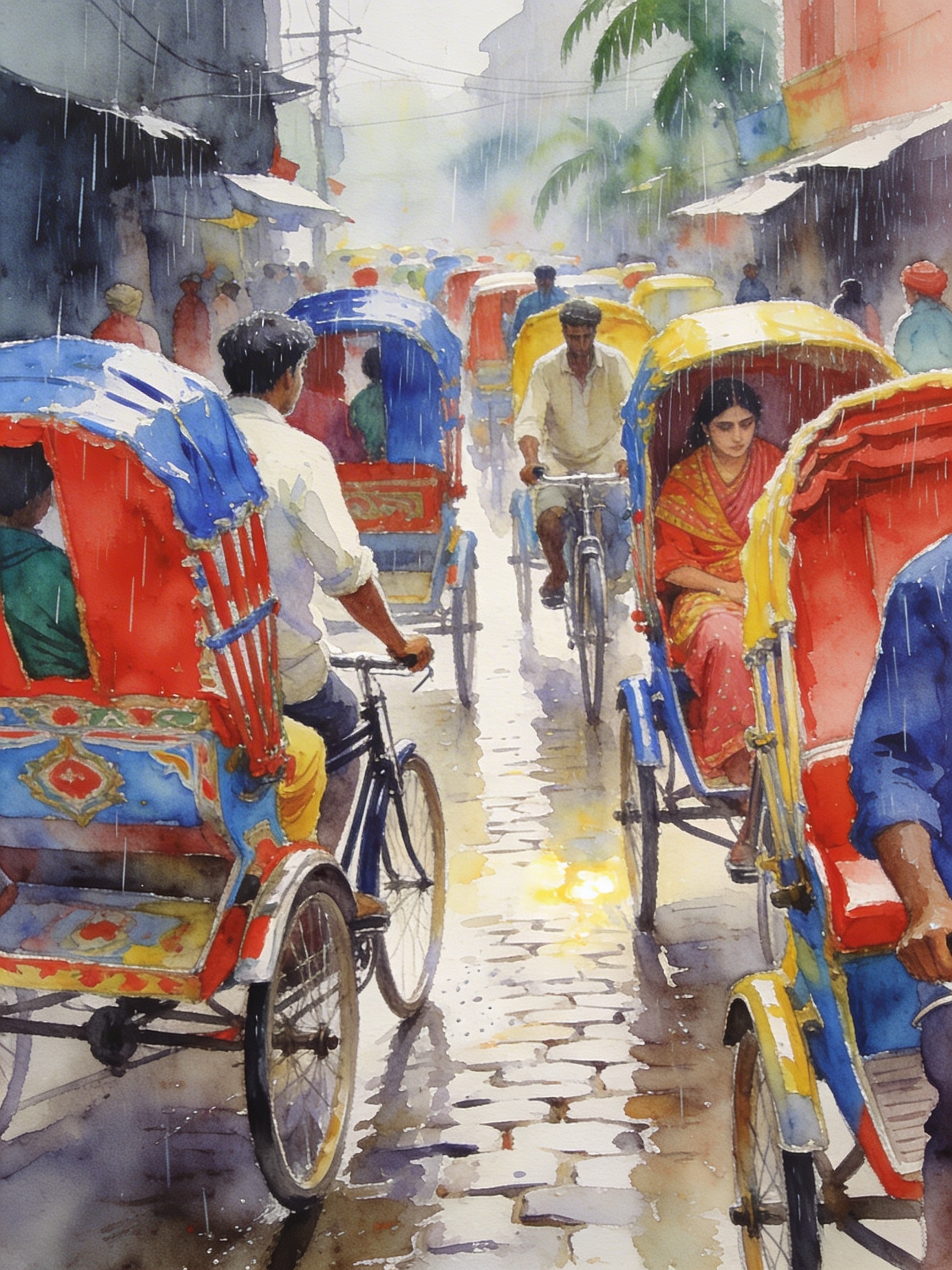 Loose watercolor and ink wash drawing of brightly painted cycle-rickshaws on a wet Dhaka street during a tropical downpour.