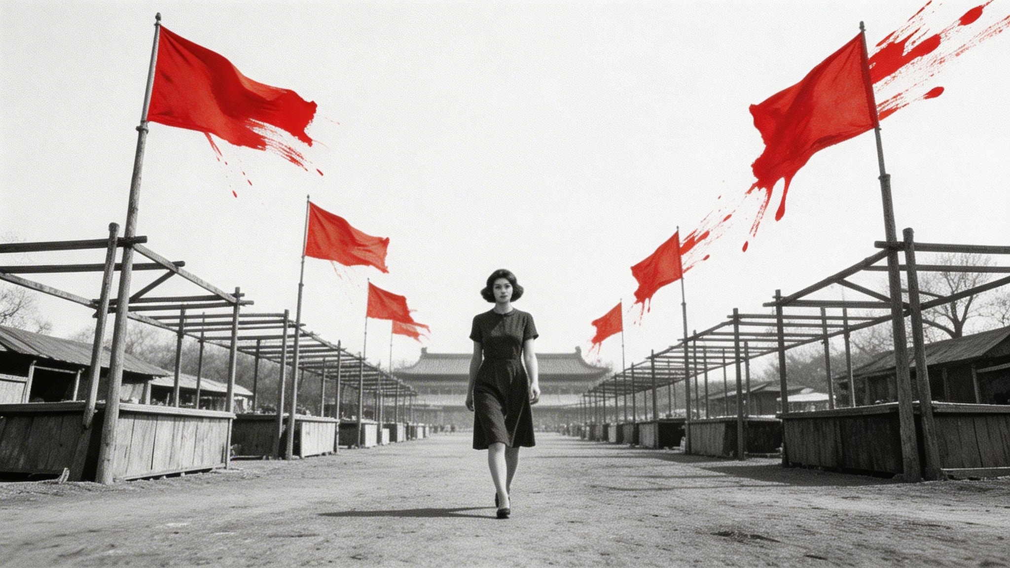 Black and white 1960s style photo of empty Ditan Park Temple Fair with wooden stalls and a walking woman, with red watercolor banners flying into a white sky.