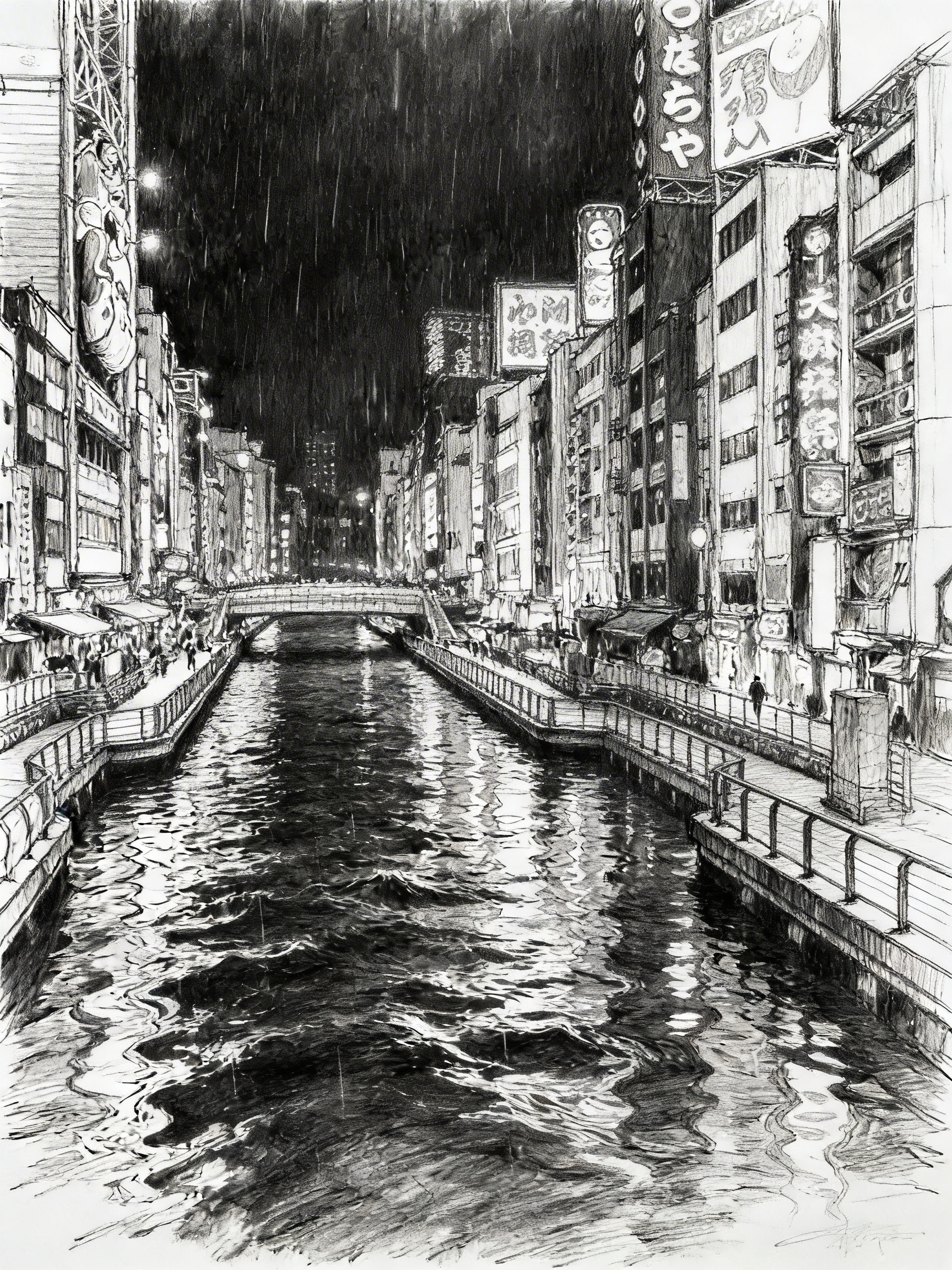 Moody 1970s graphic novel style illustration of Dotonbori canal in Osaka on a rainy night with distorted neon reflections in dark water.