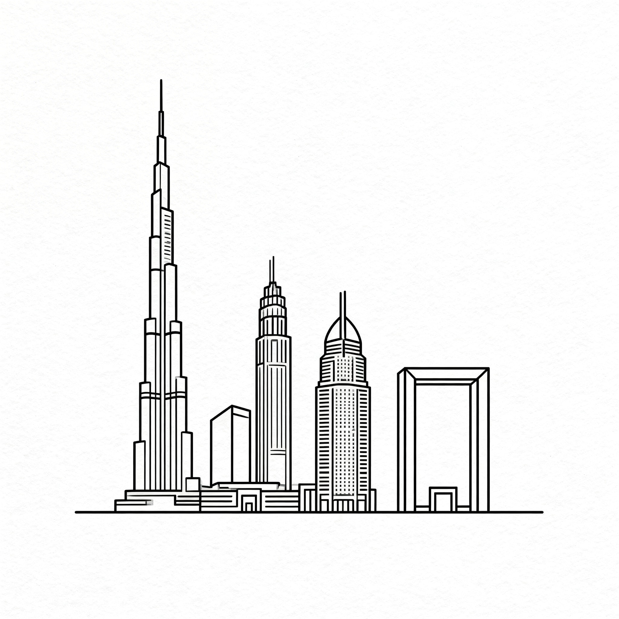 Simple line art illustration of the Dubai skyline