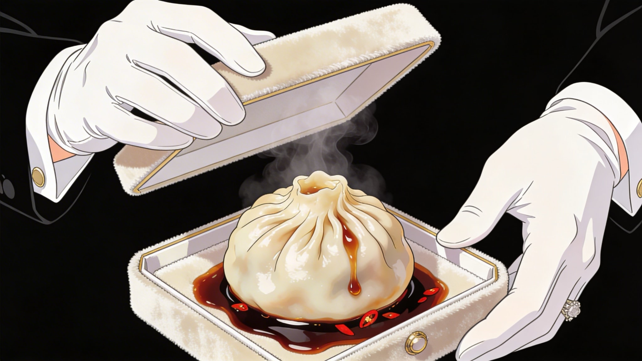 Steaming dumpling in luxury presentation box served by gloved hands