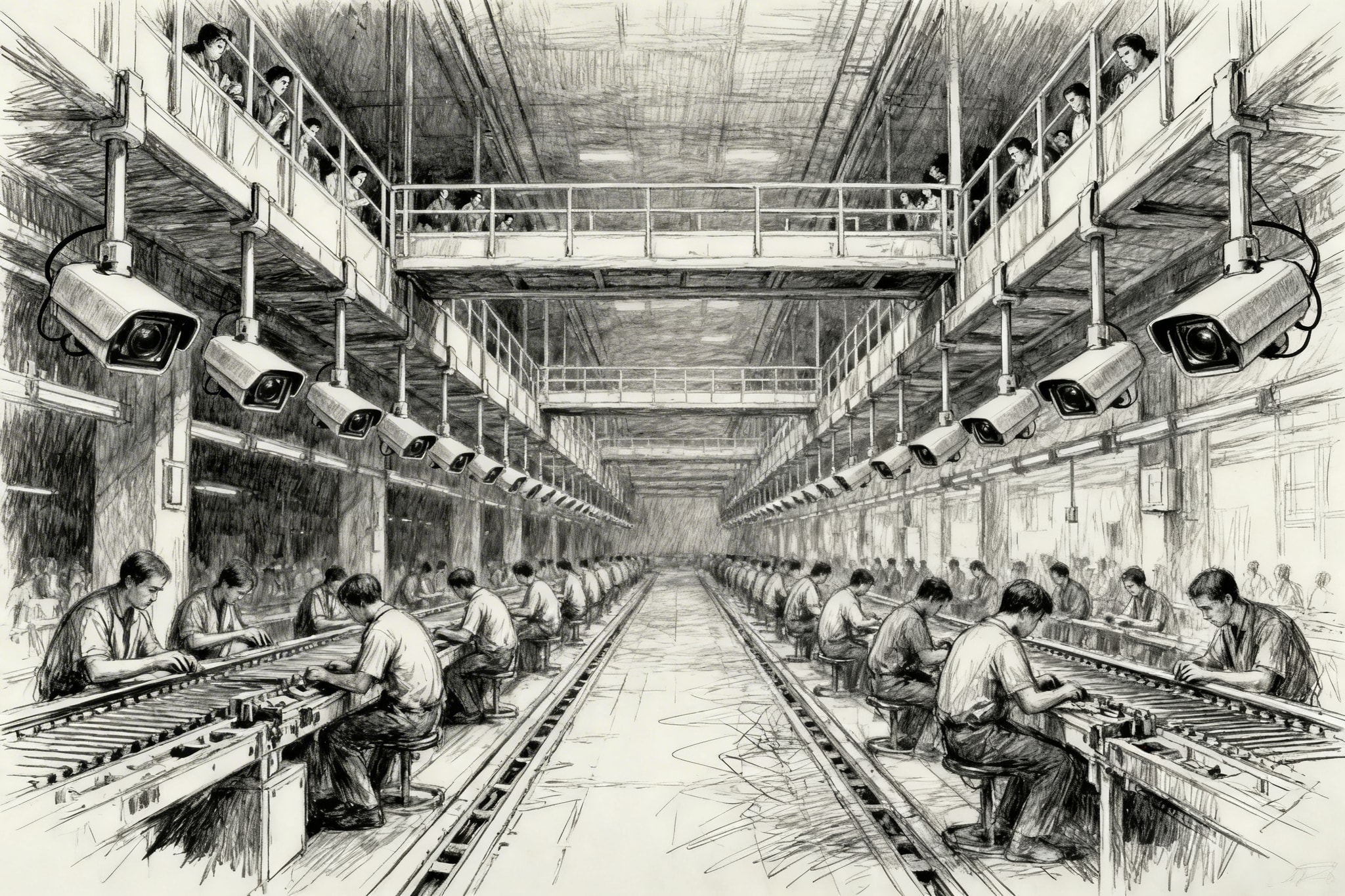 A dark, atmospheric dystopian factory with towering smokestacks and industrial lighting.