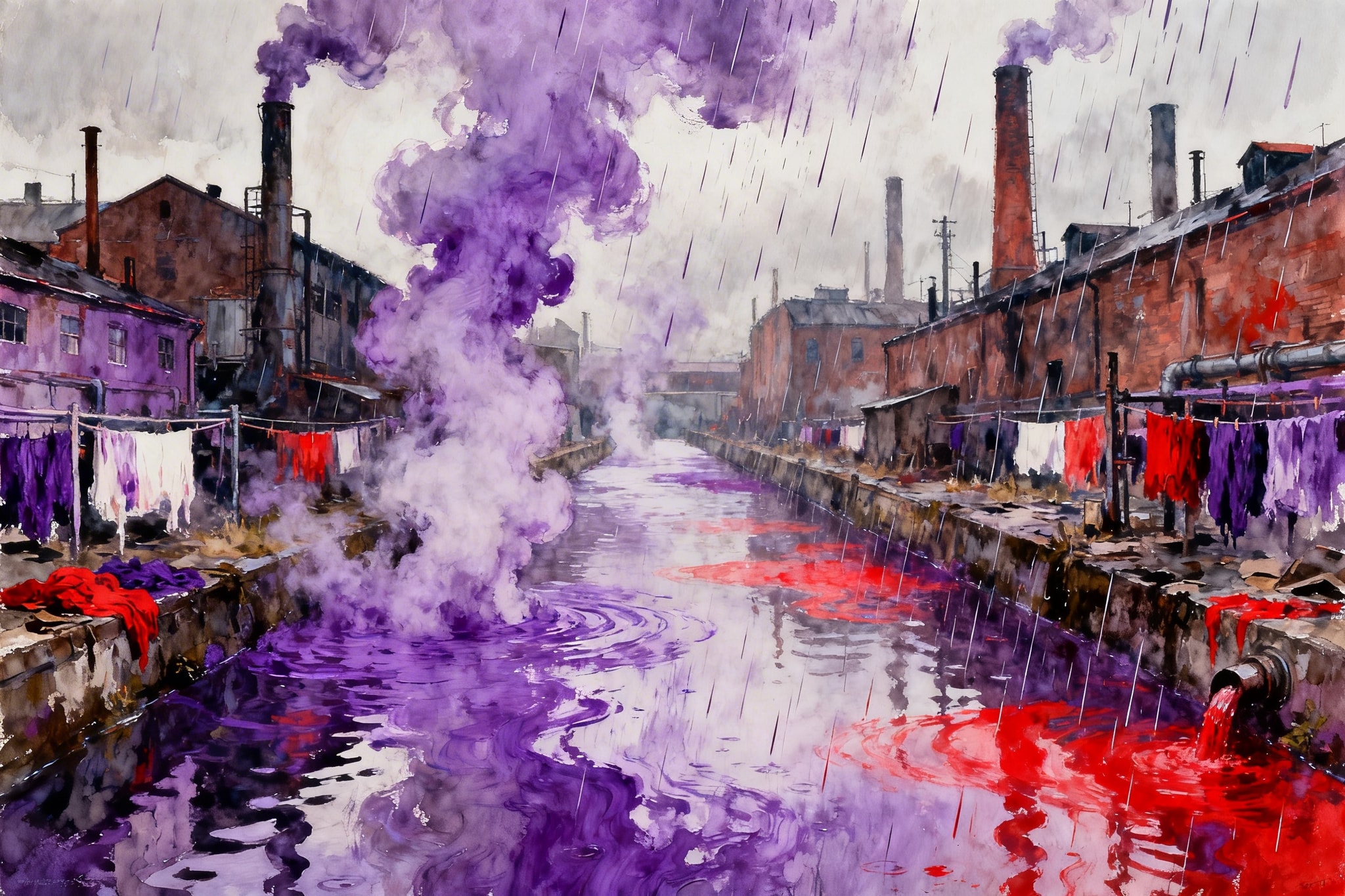 A loose gouache painting of a dystopian textile factory district with purple and red chemical canals, steam, and rain.