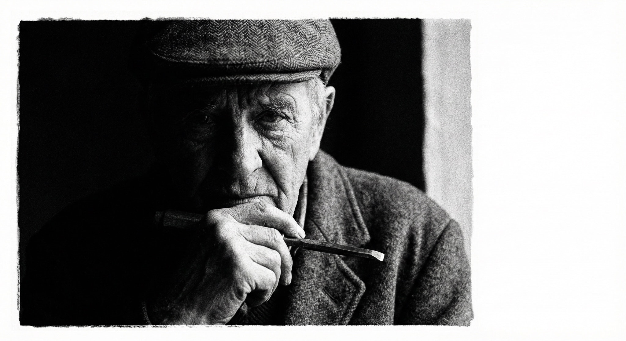 Close-up black and white portrait of an elderly artisan with deep facial textures and chiaroscuro lighting.