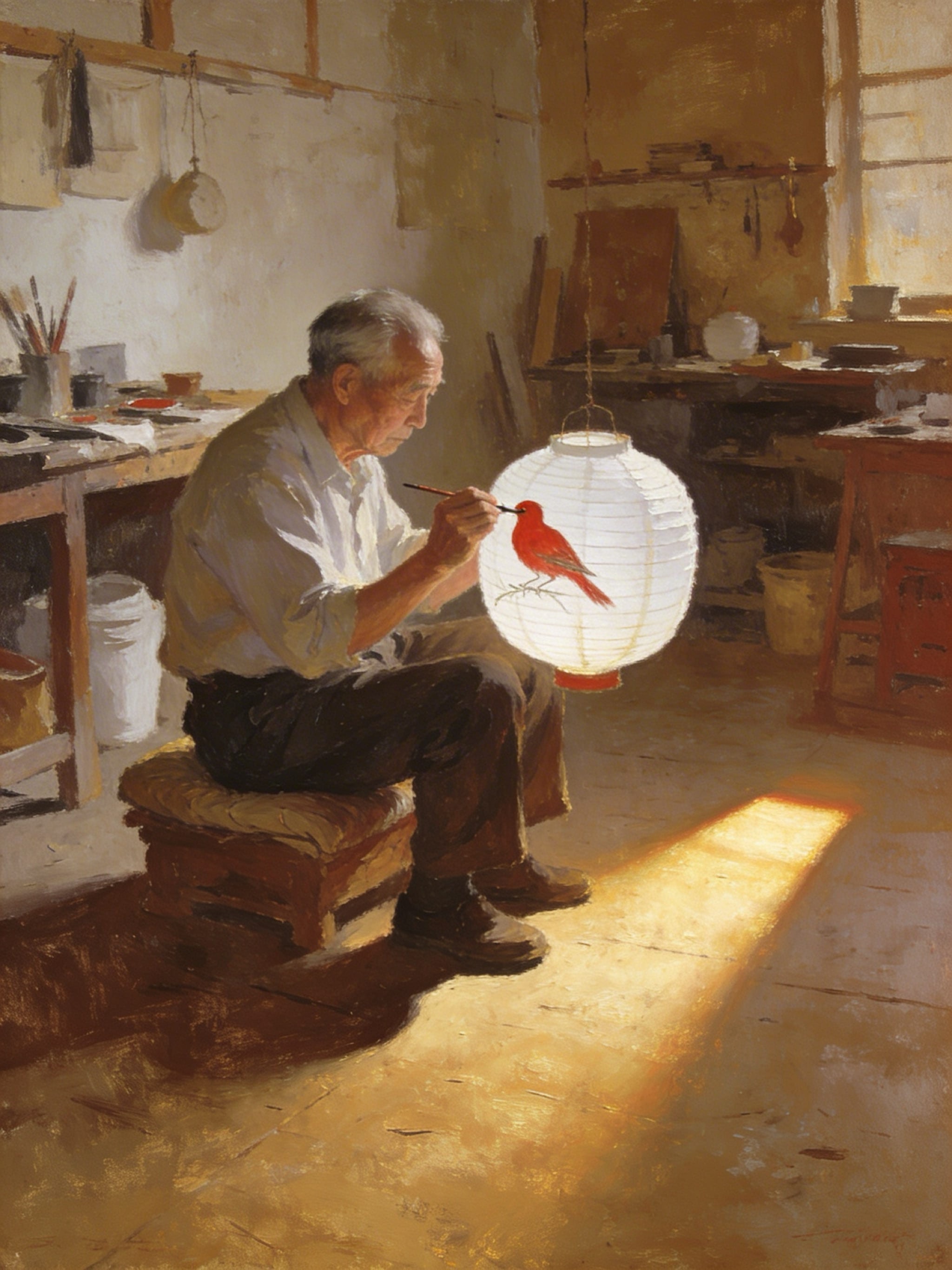 An elderly craftsman painting a red bird on a white paper lantern in a serene 1950s workshop.