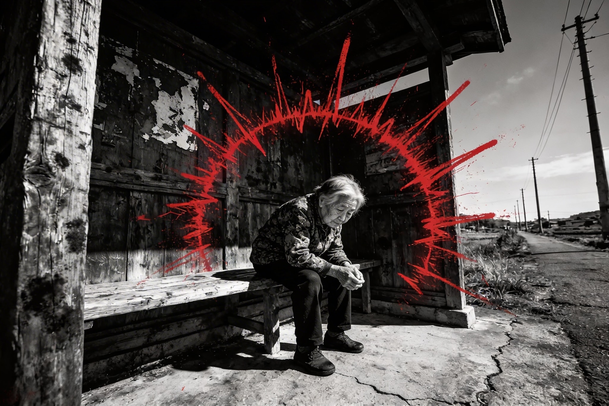 Black and white gritty photo of an elderly woman at a weathered Japanese bus stop with red sharpie halo.