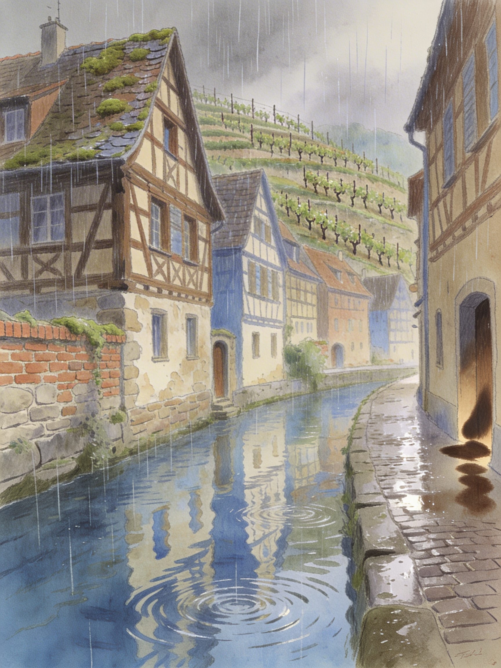 Vintage storybook style drawing of half-timbered houses reflecting in a rainy canal in Esslingen, with vineyards in the background.