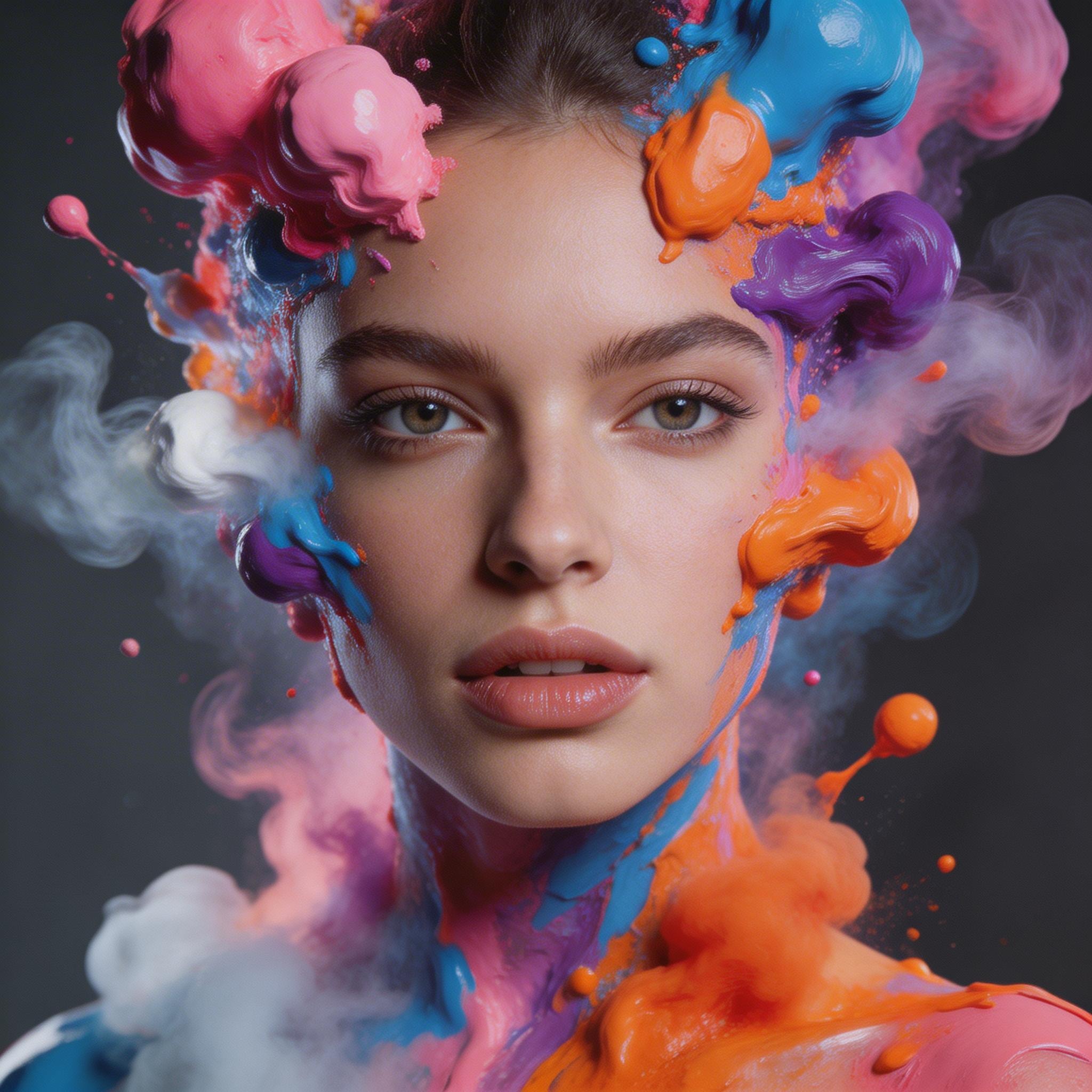 Abstract portrait of a model with upper body transforming into sculptural oil paint and colored smoke