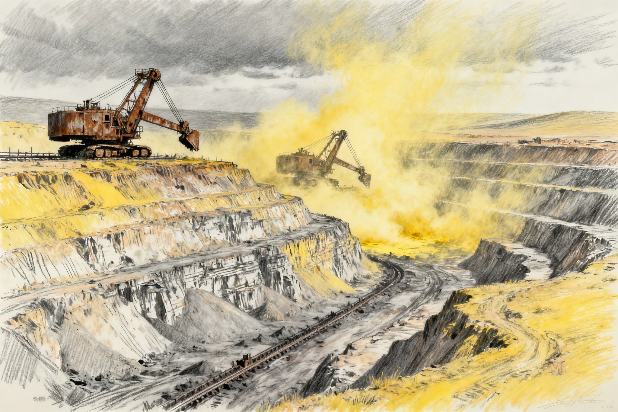 Expressive sketch of a large terraced open-pit mine with distant excavators and a dusty sky.