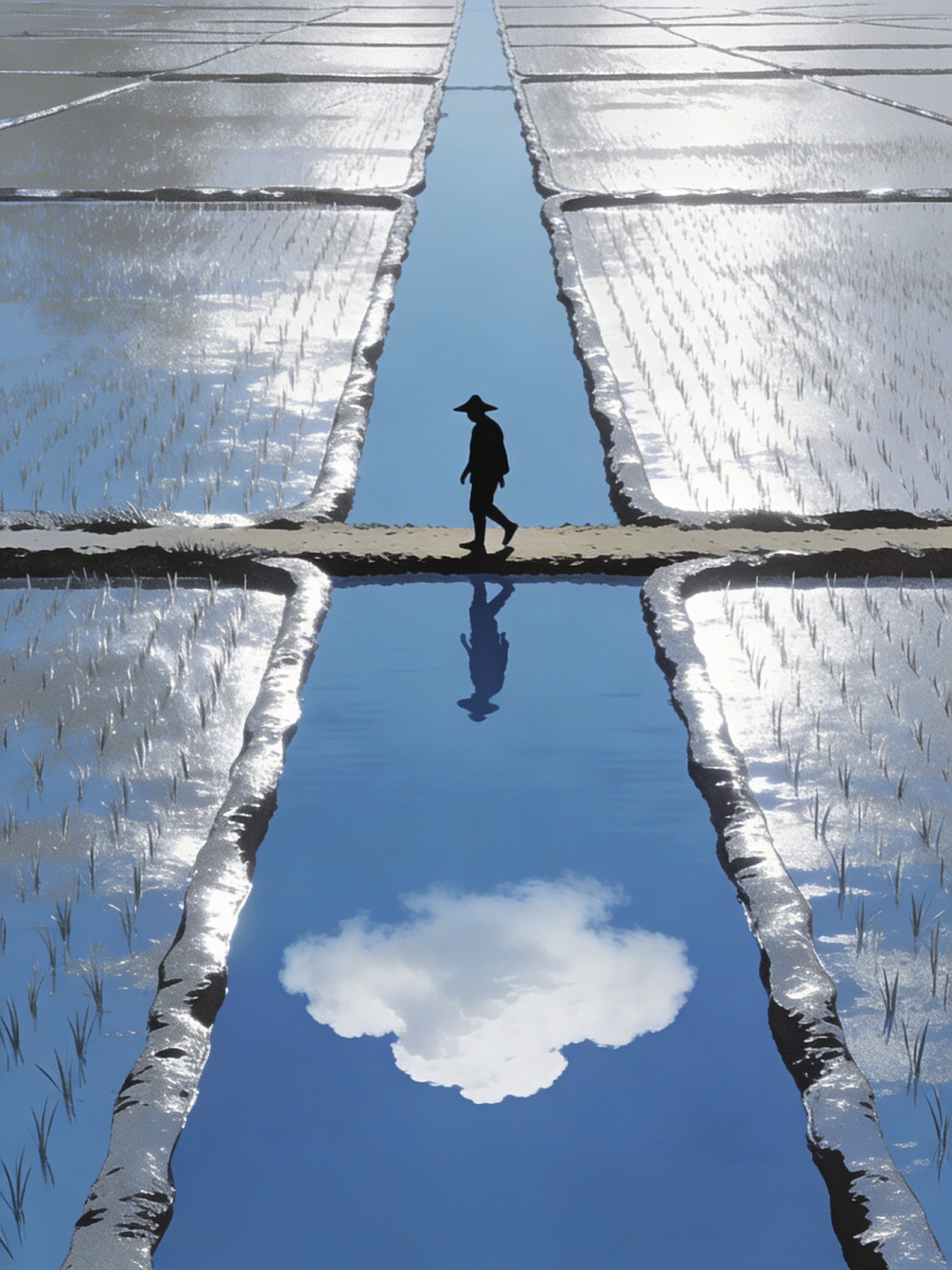 Minimalist high-contrast illustration of a solitary farmer on a path between two flooded, reflective rice paddies under a single cloud.