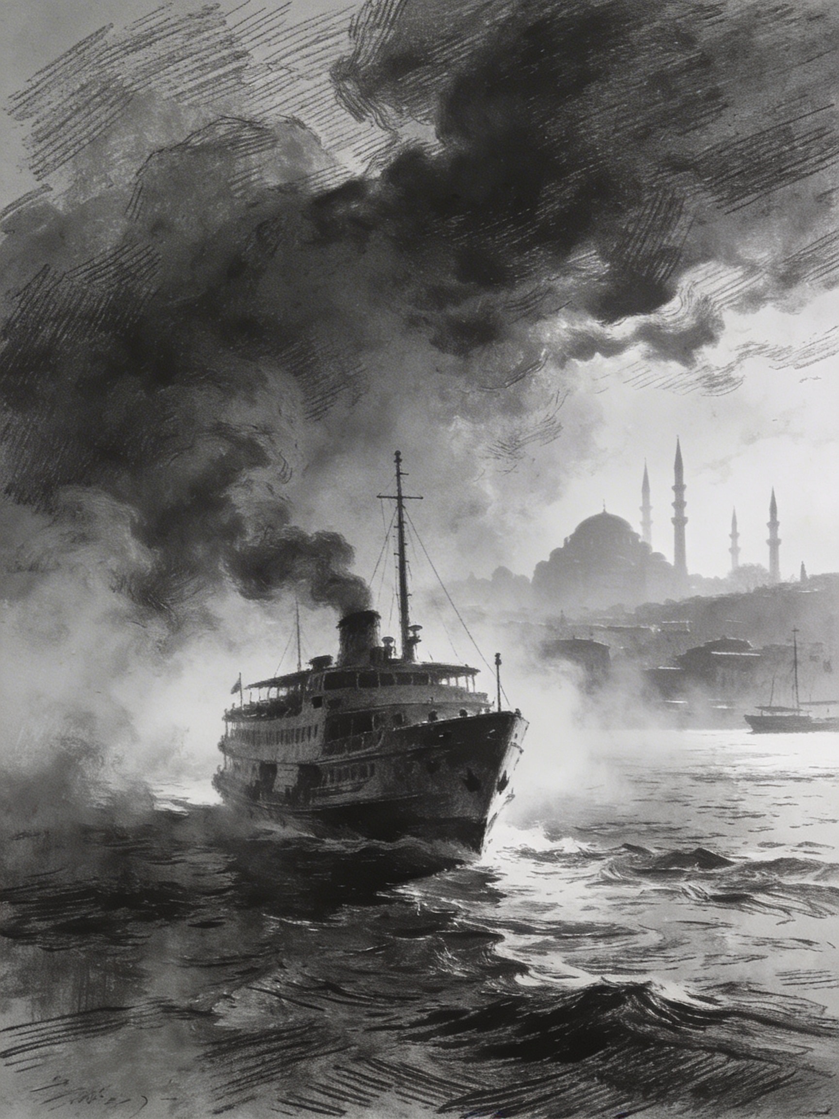 19th-century engraving of a ferry in fog on the Bosphorus with minarets