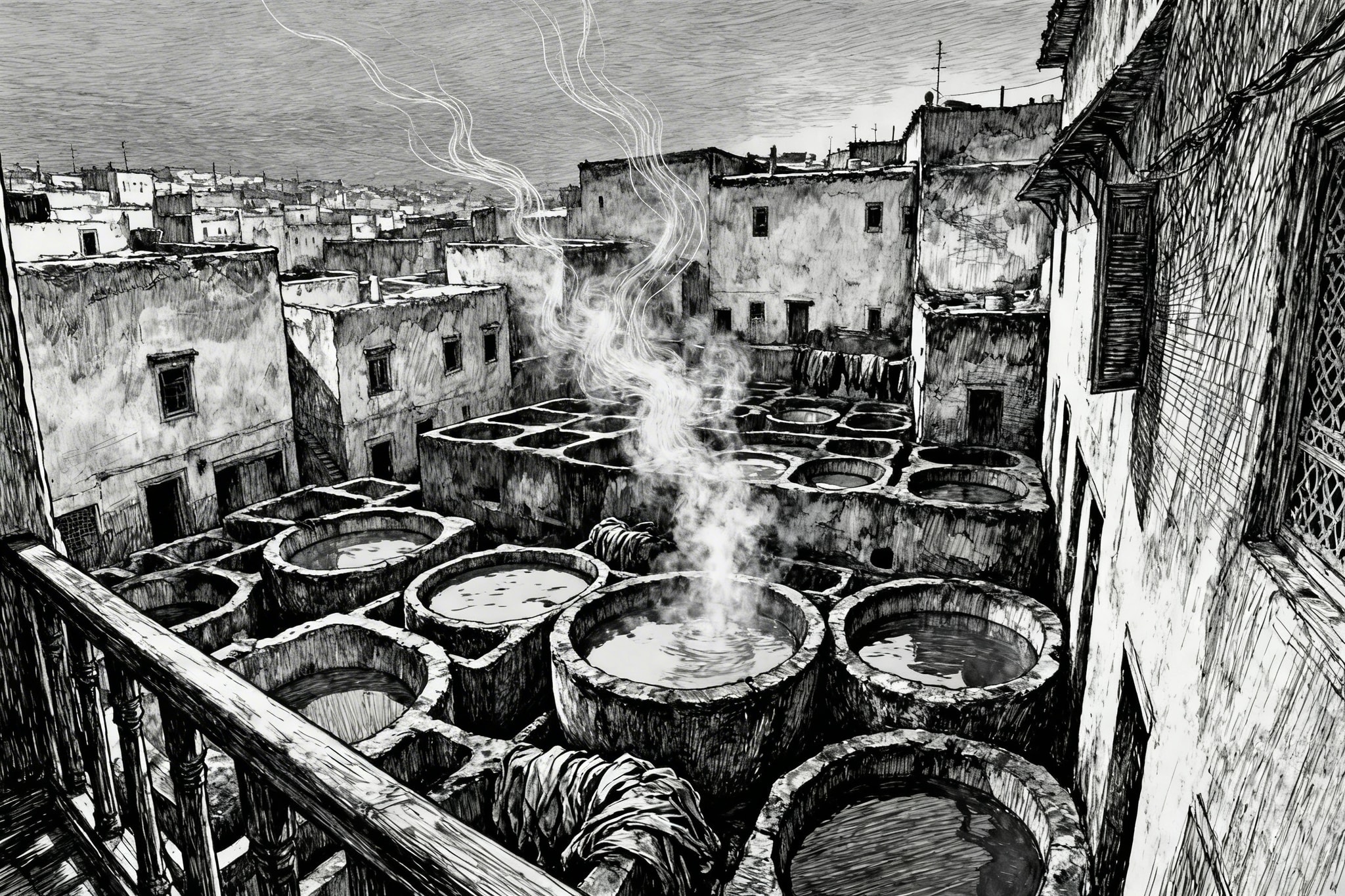 Rough pen sketch view of the leather tanneries in Fes, showing stone dye vats and labyrinthine buildings.