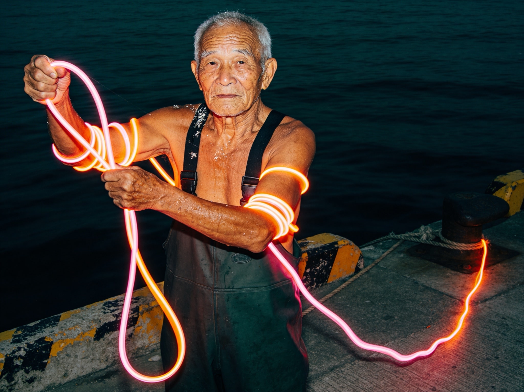 Portrait of an old fisherman at night on Keelung pier, illuminated by a flash, pulling a glowing neon strand from the dark ocean.