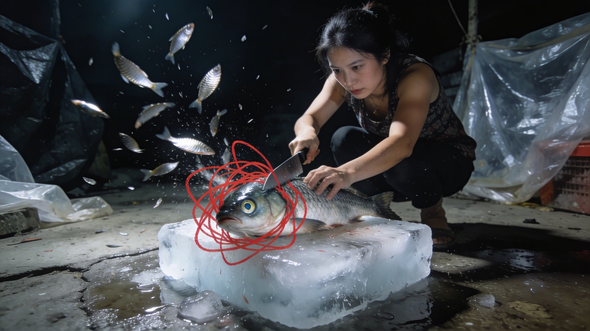 A woman chopping a fish on melting ice, with a red sharpie scribble encircling the knife and fish head