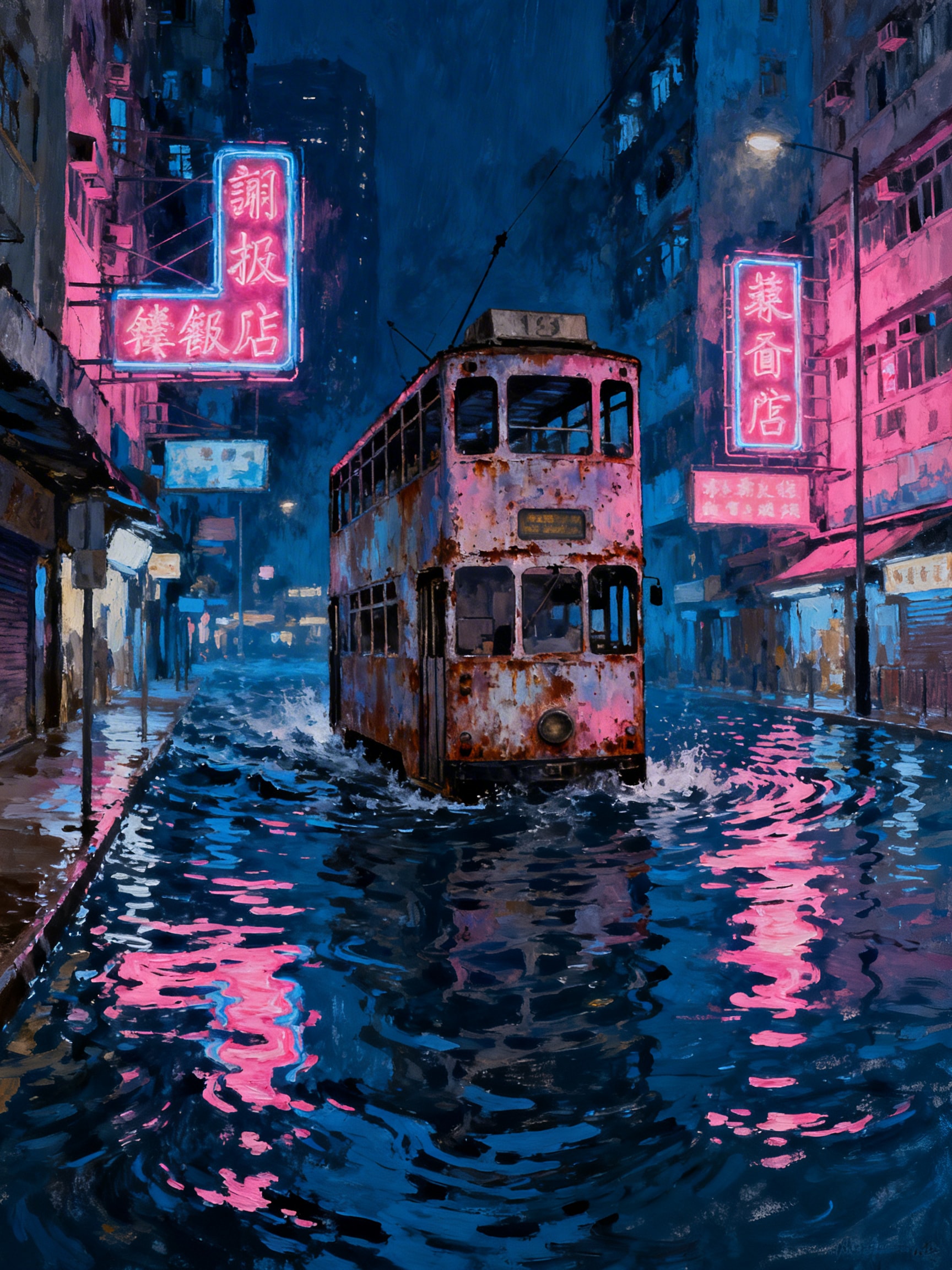 A moody gouache painting of a rusted double-decker tram driving through a flooded city street at night, with neon signs reflecting on the dark water.