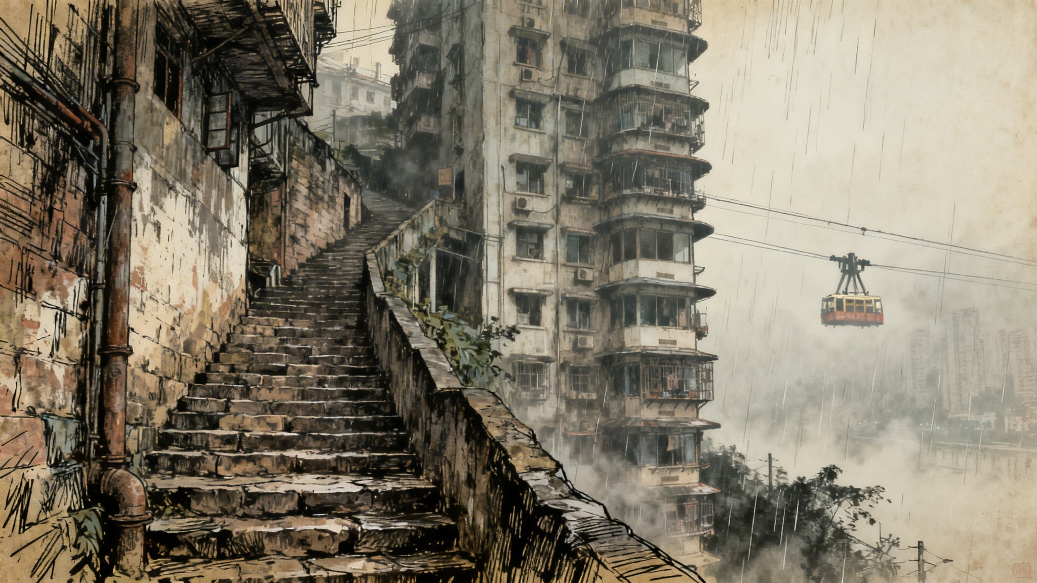 Chaotic line drawing of steep stone staircases in old Chongqing, with stacked architecture, fog, drizzle, and distant cable cars.