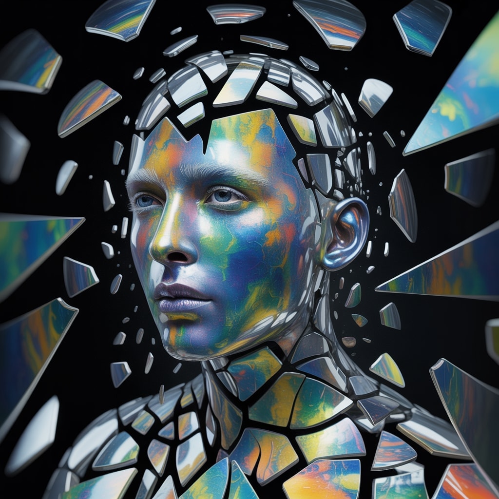 Surreal portrait of a human face exploding into reflective glass shards in a dark void, each shard reflecting a different abstract painting.