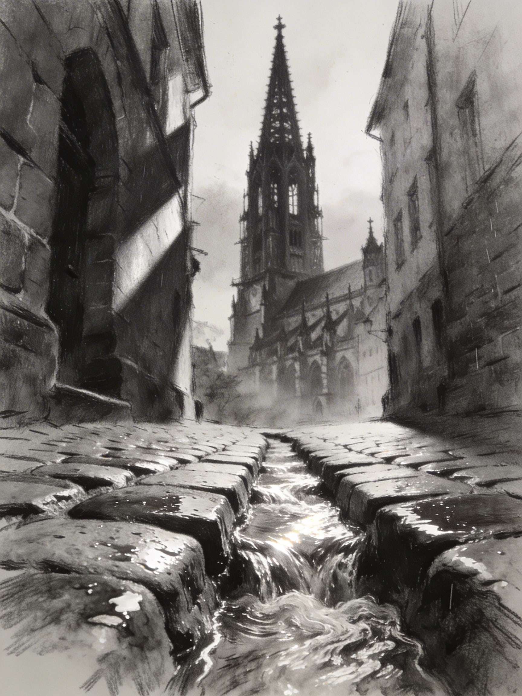 Textured graphite pencil drawing of a narrow cobblestone street in Freiburg with overflowing water runnels and the Freiburg Minster spire in the background