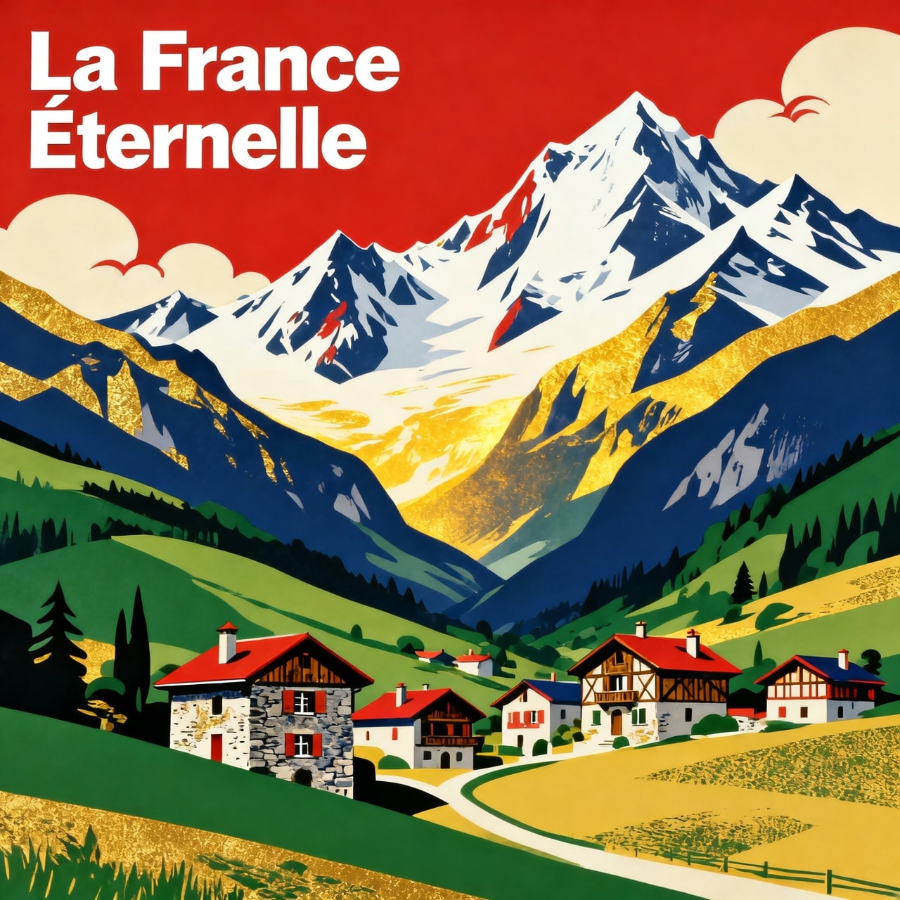 Stylized French Alps panorama with a village in a historic propaganda poster style featuring Helvetica typography