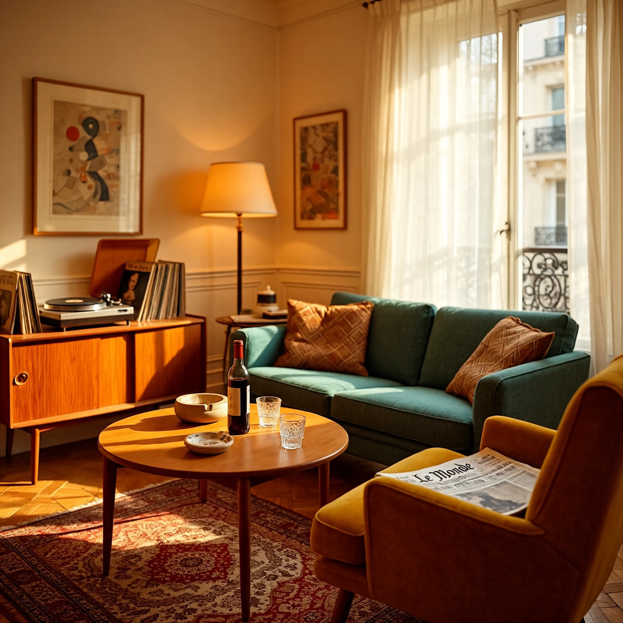 A mid-century modern French living room interior from the 1960s