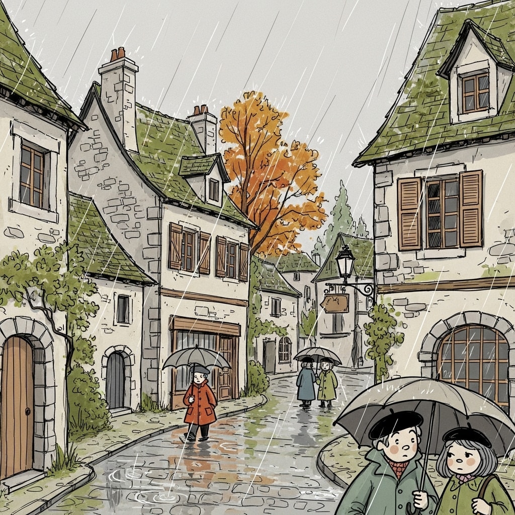1970s storybook illustration of a French provincial town in gentle autumn rain