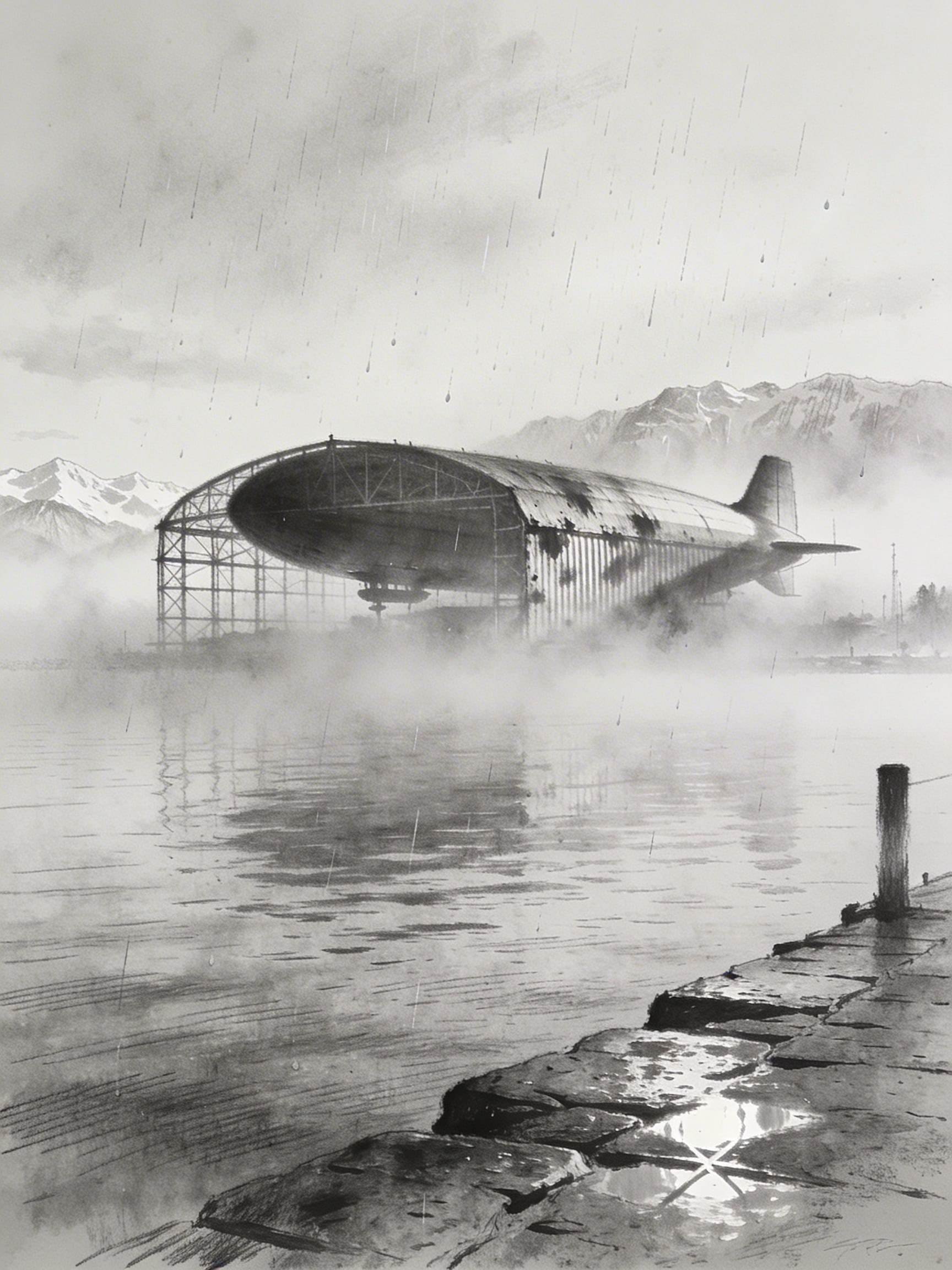 Atmospheric charcoal drawing of Lake Constance with a faint Zeppelin hangar in fog