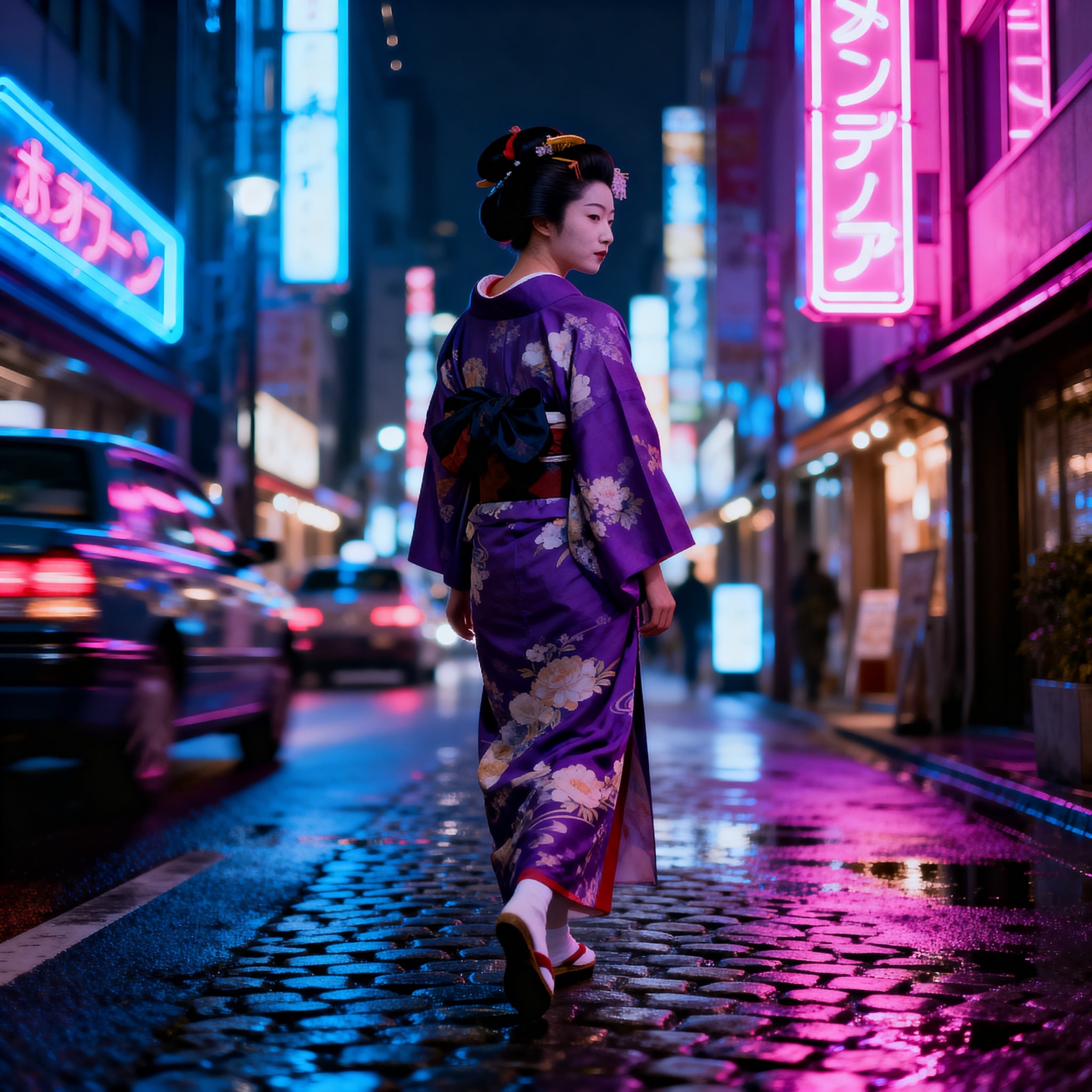 Photorealistic image of a geisha walking at night on a Tokyo street illuminated by neon lights