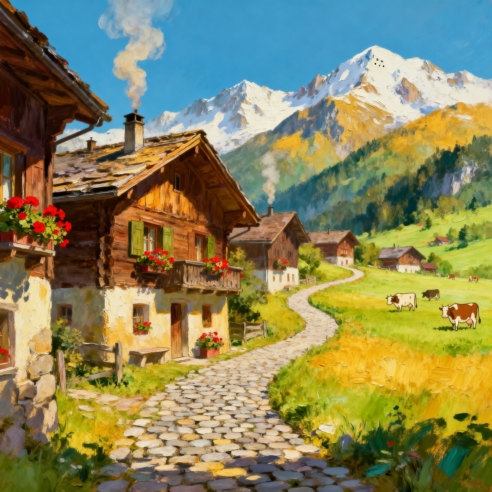 A vibrant, expressive oil painting of a small Swiss village in Studio Ghibli animation style