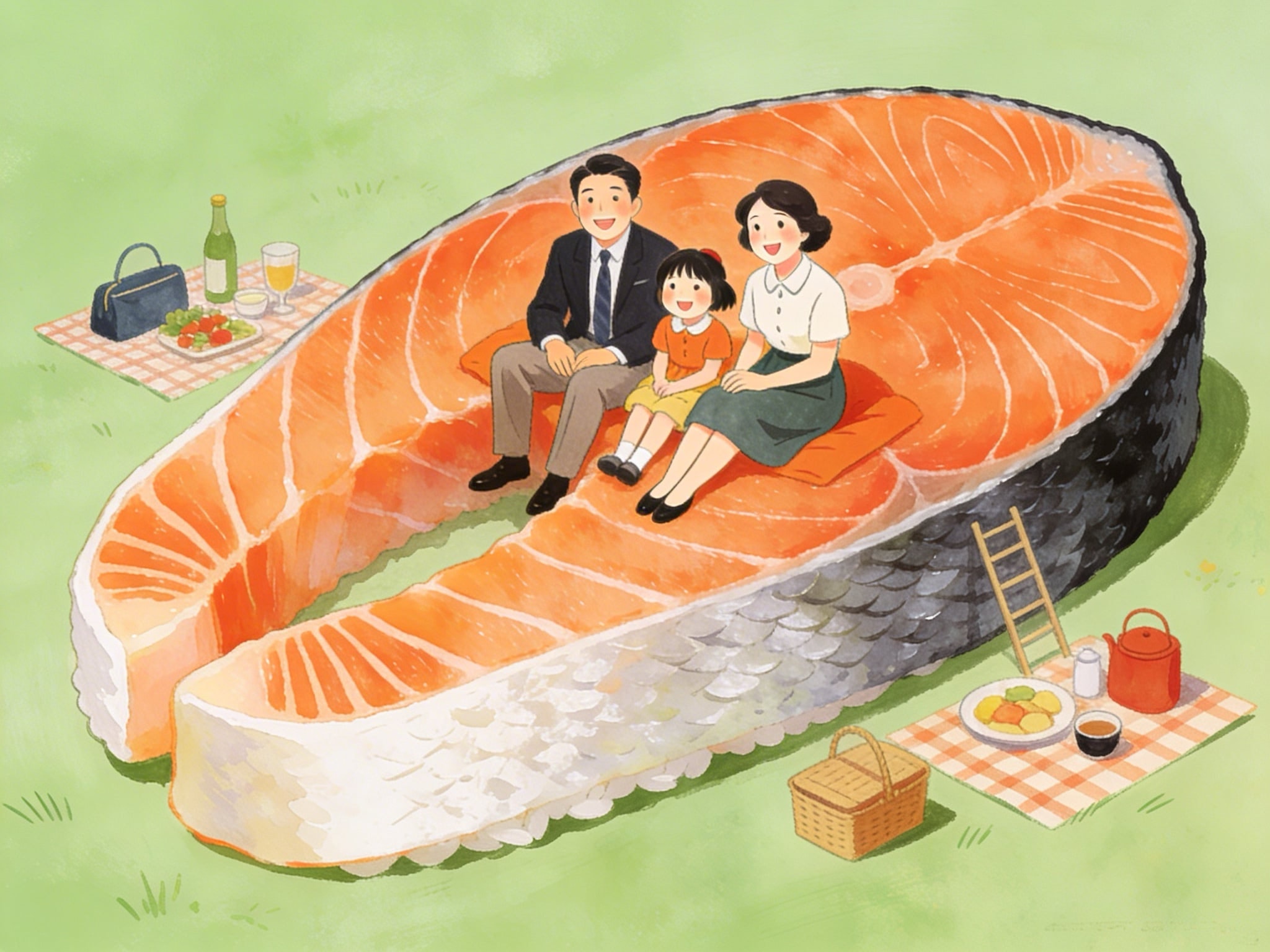 A 1950s Japanese family picnicking on a giant salmon nigiri sushi in a pastel green field