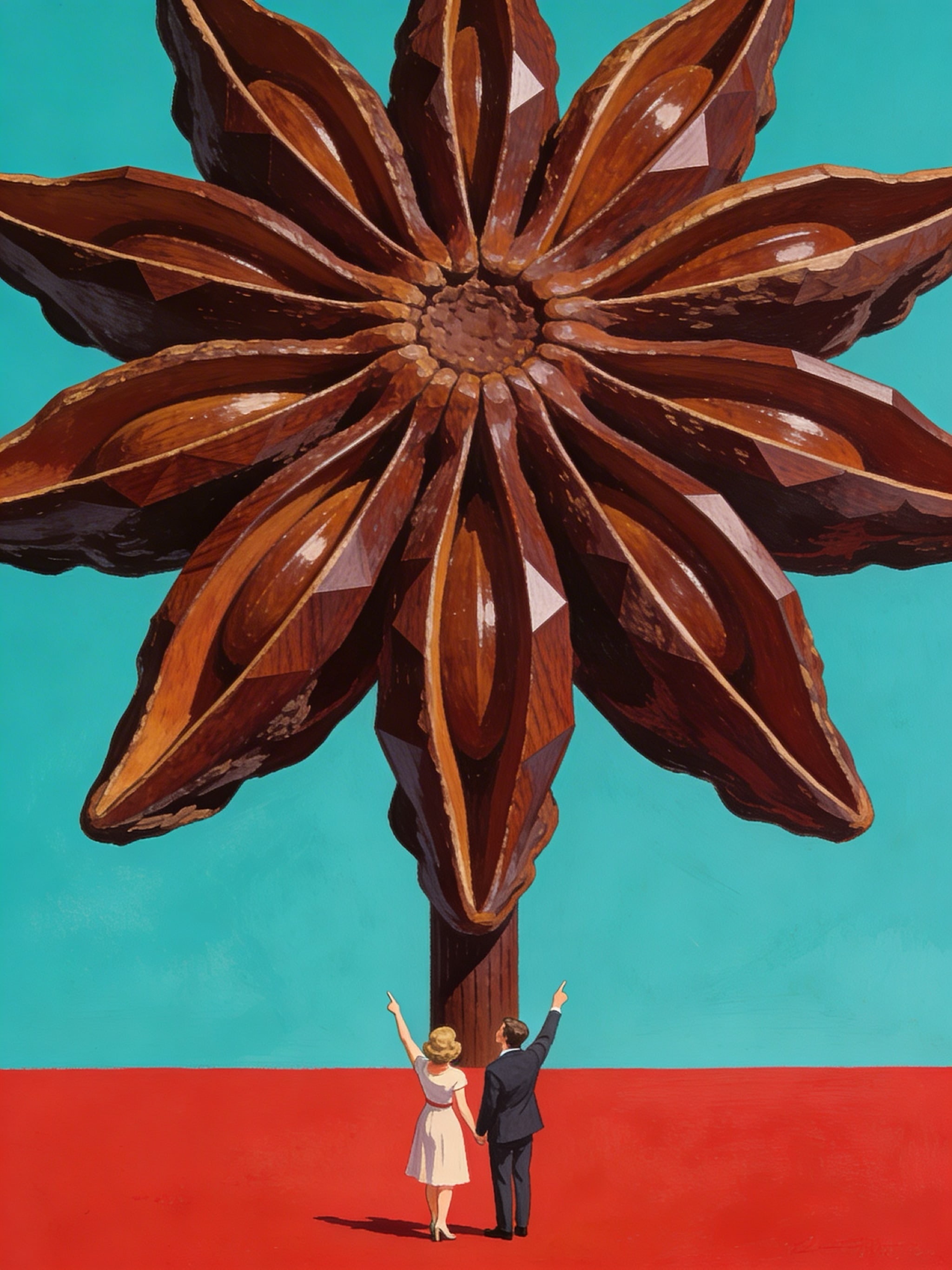 Surrealist painting of a giant star anise pod towering over a small couple on a red floor.