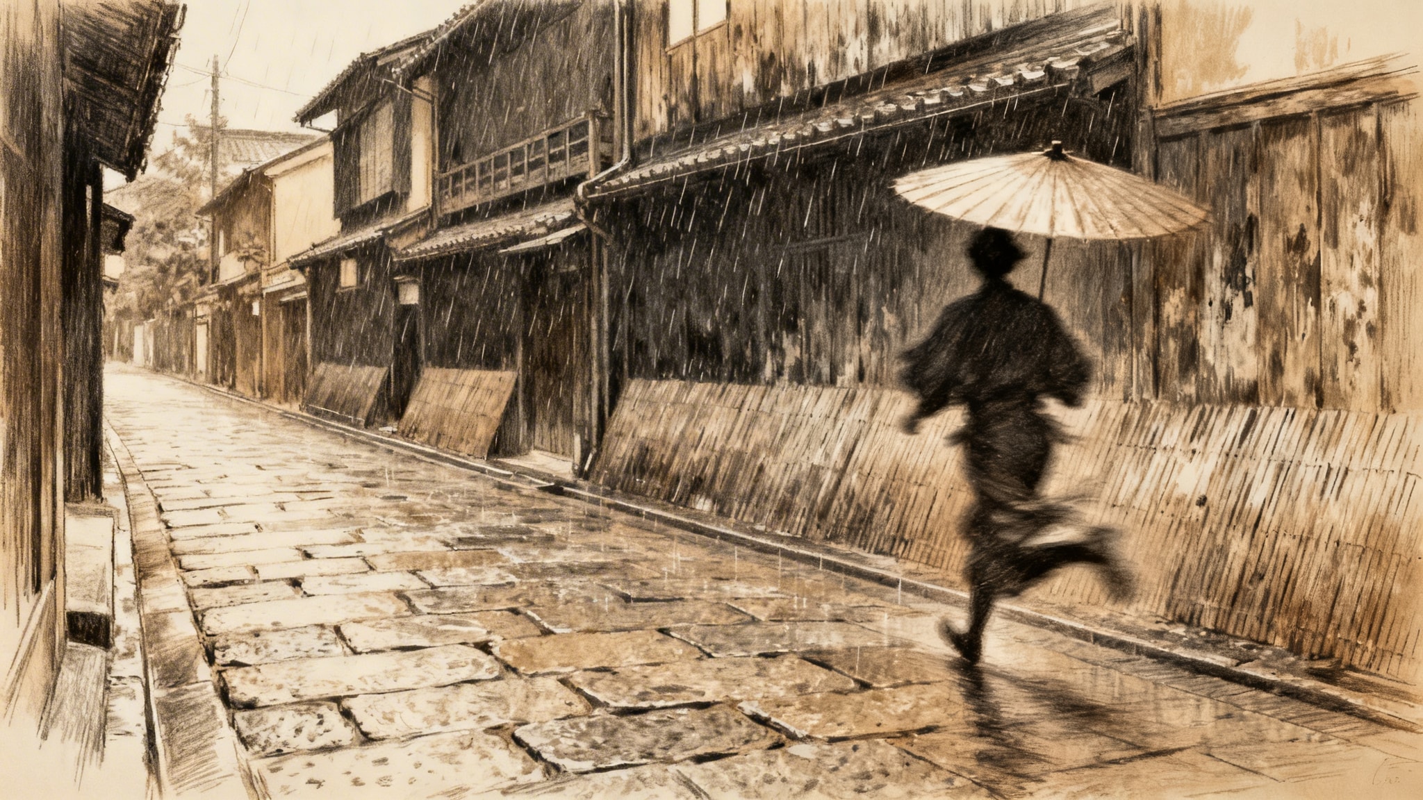 Pencil drawing of a rainy stone street in Gion, Kyoto with traditional machiya houses and a figure with a wagasa umbrella