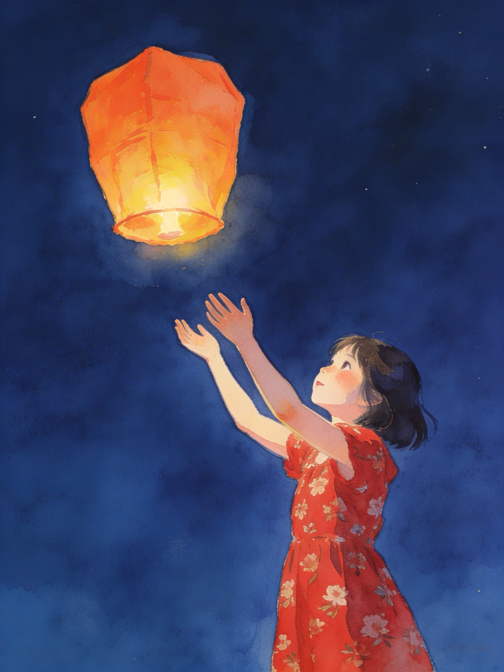 Illustration of a girl in a red floral dress releasing an orange sky lantern into a dark blue night sky