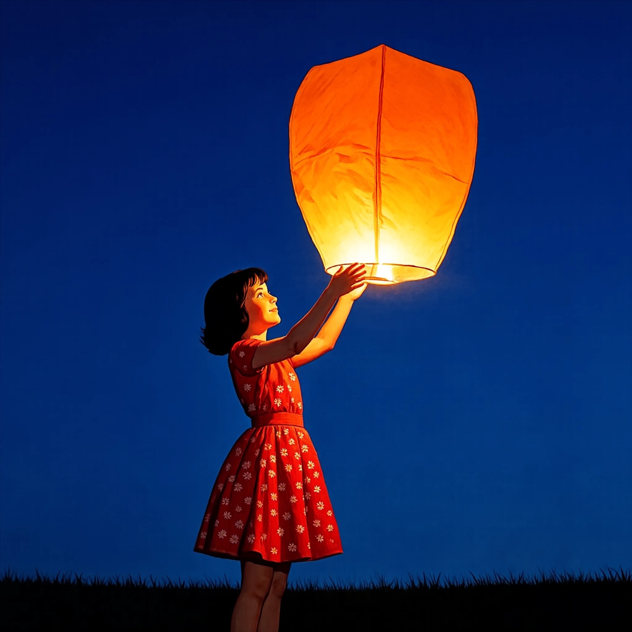 Illustration of a girl in a red floral dress releasing an orange sky lantern into a dark blue night sky
