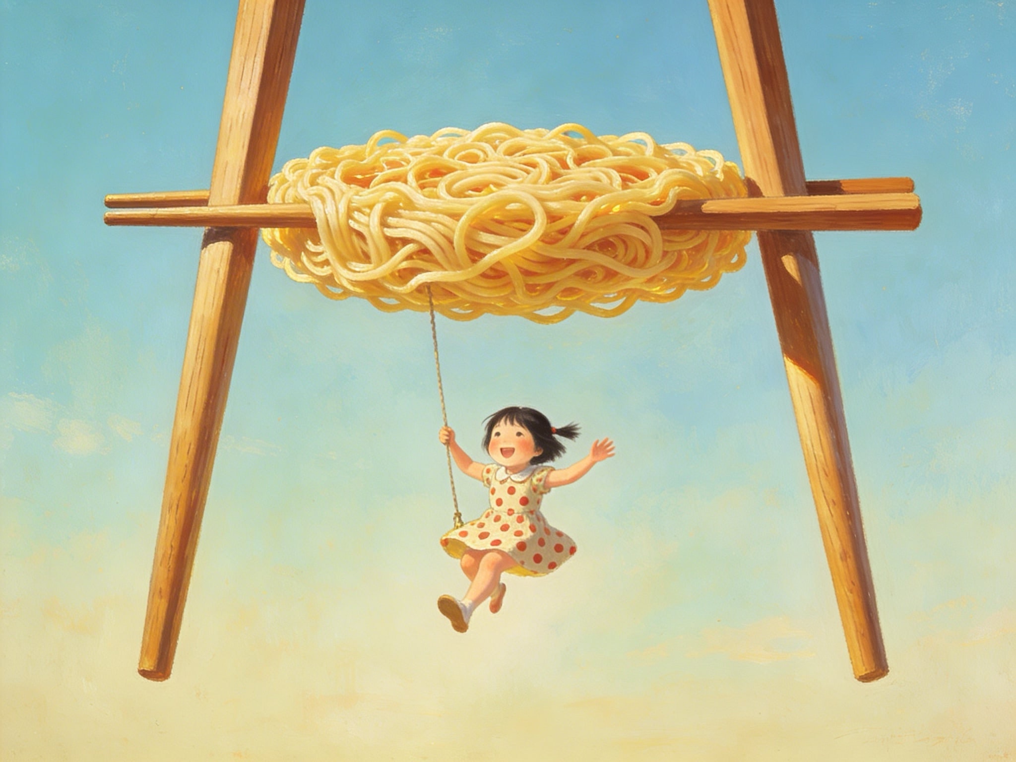 A girl in a polka dot dress swinging from a giant noodle nest held by chopsticks in a blue sky.
