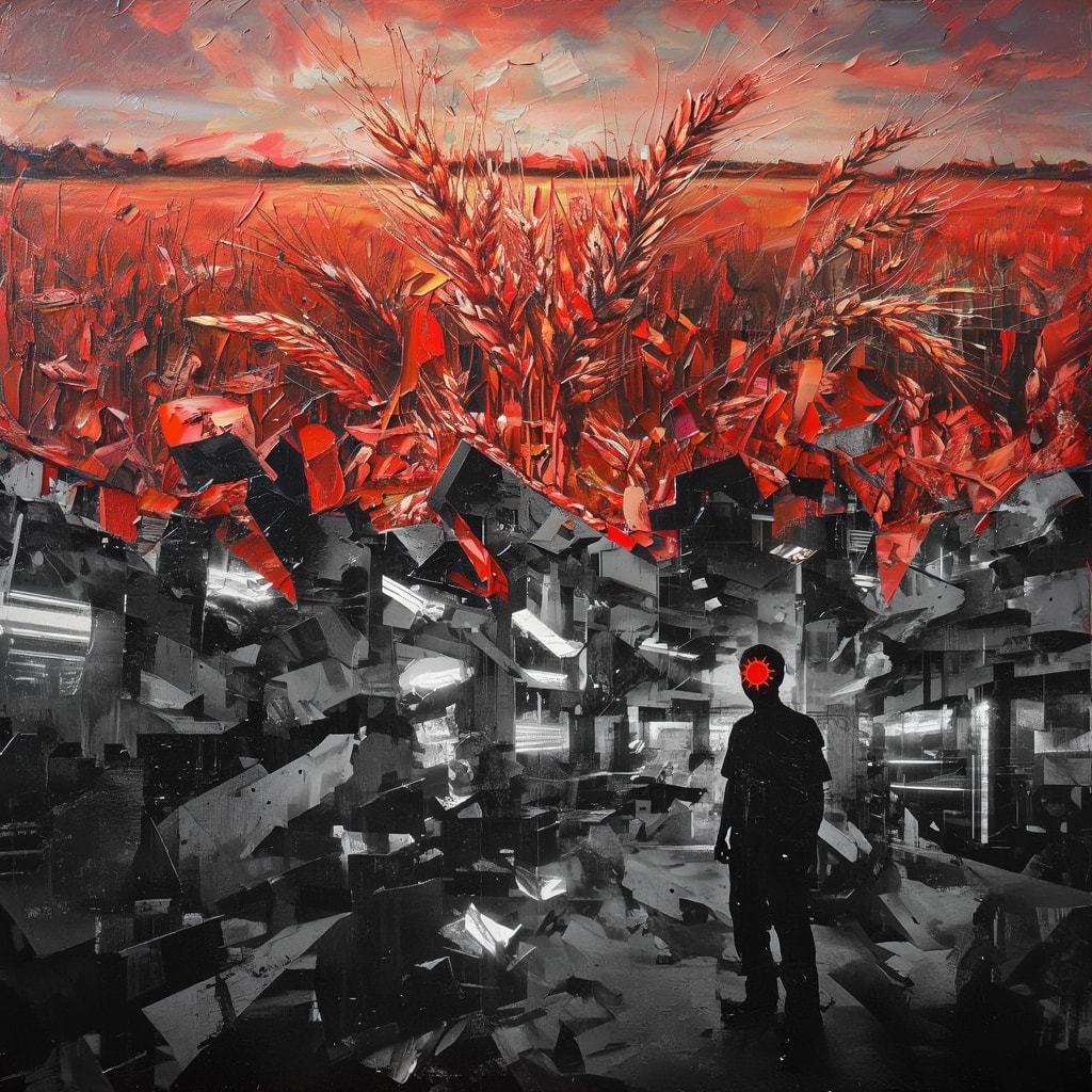 A surreal digital composite showing a pixel-sorted wheat field glitching into a noir worker's silhouette with red sun eyes against a brutalist maze.