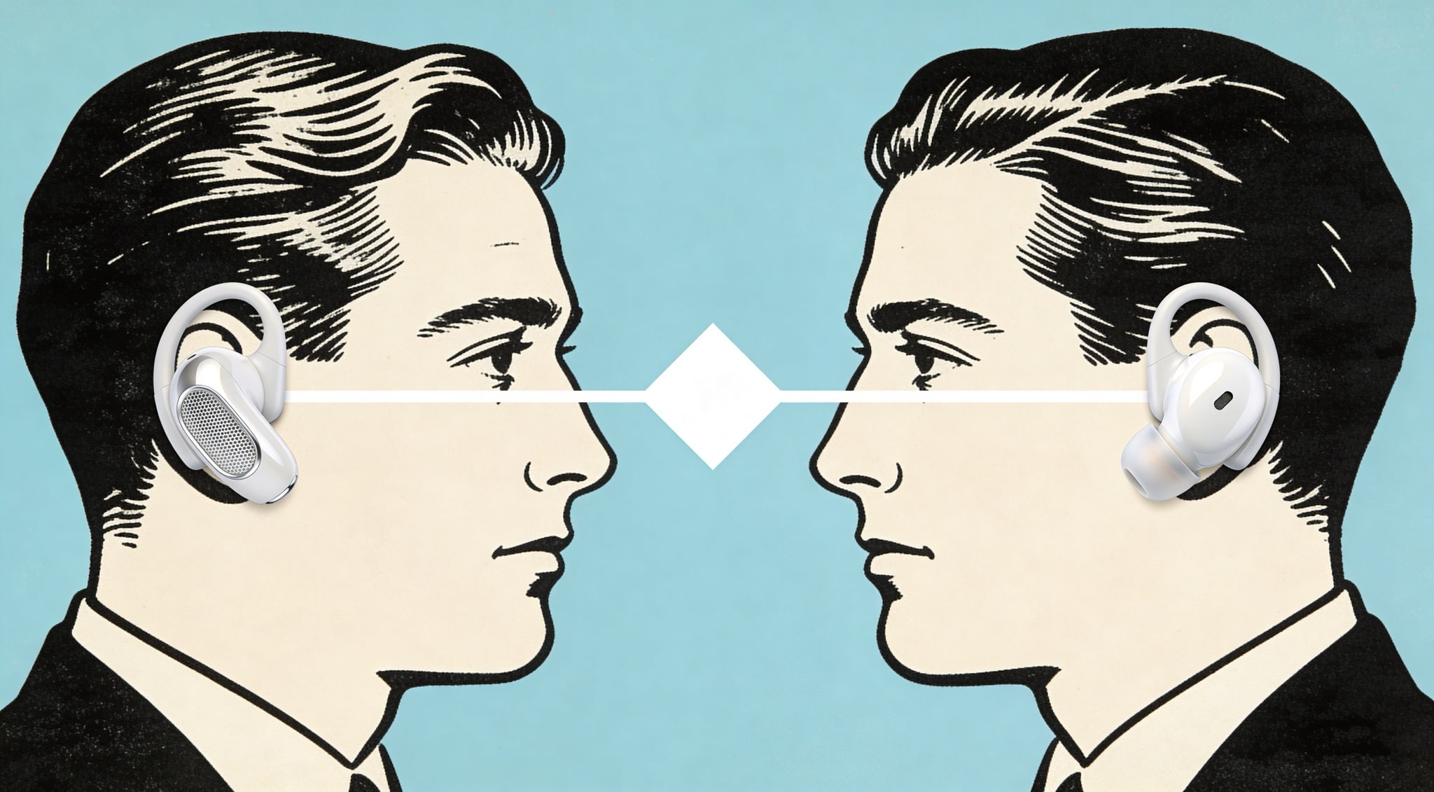Minimalist 1930s-style poster of two stylized faces in profile connected by a line, featuring a hyper-detailed AI translation earbud