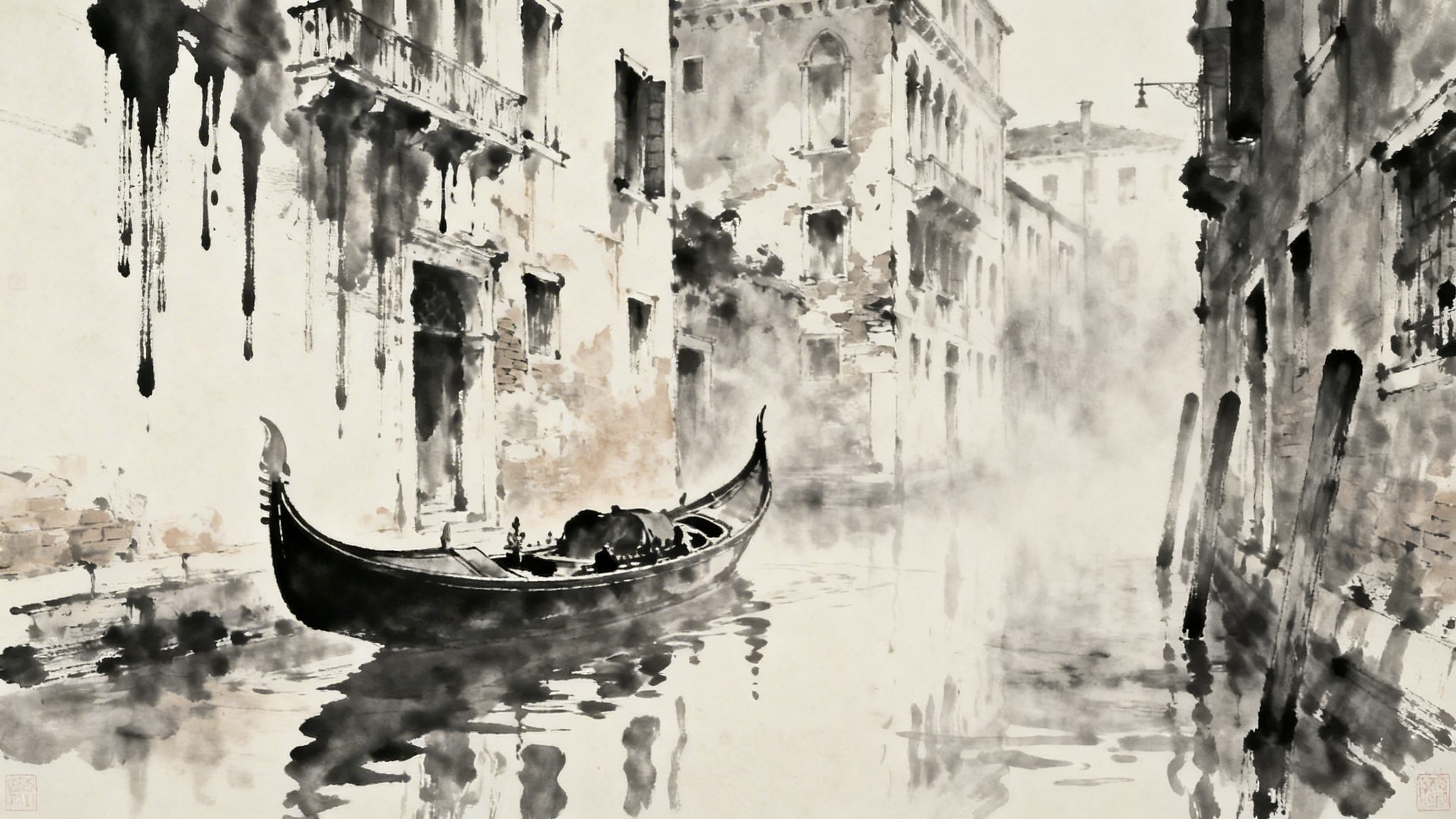 A romantic but gloomy ink wash drawing of a gondola in a narrow Venice canal with decaying buildings and distorted water reflections.