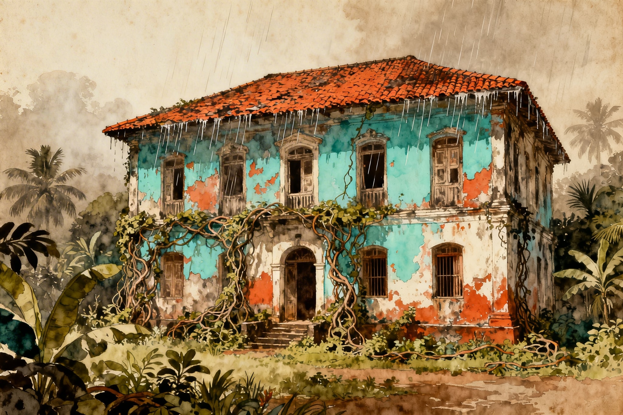 Vintage-style illustration of a decaying, colorful Portuguese colonial villa in Goa during heavy rain, with overgrown tropical gardens.